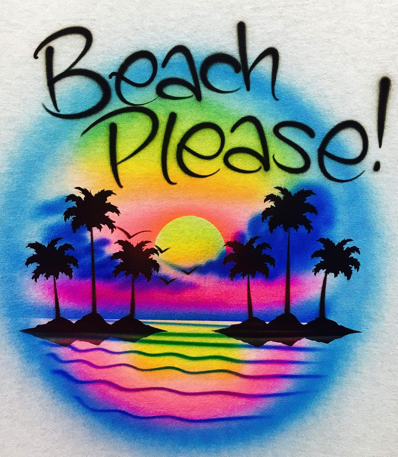 Airbrush T Shirt, Beach Please! Beach Scene with Palm Trees, Sunset, Personalized