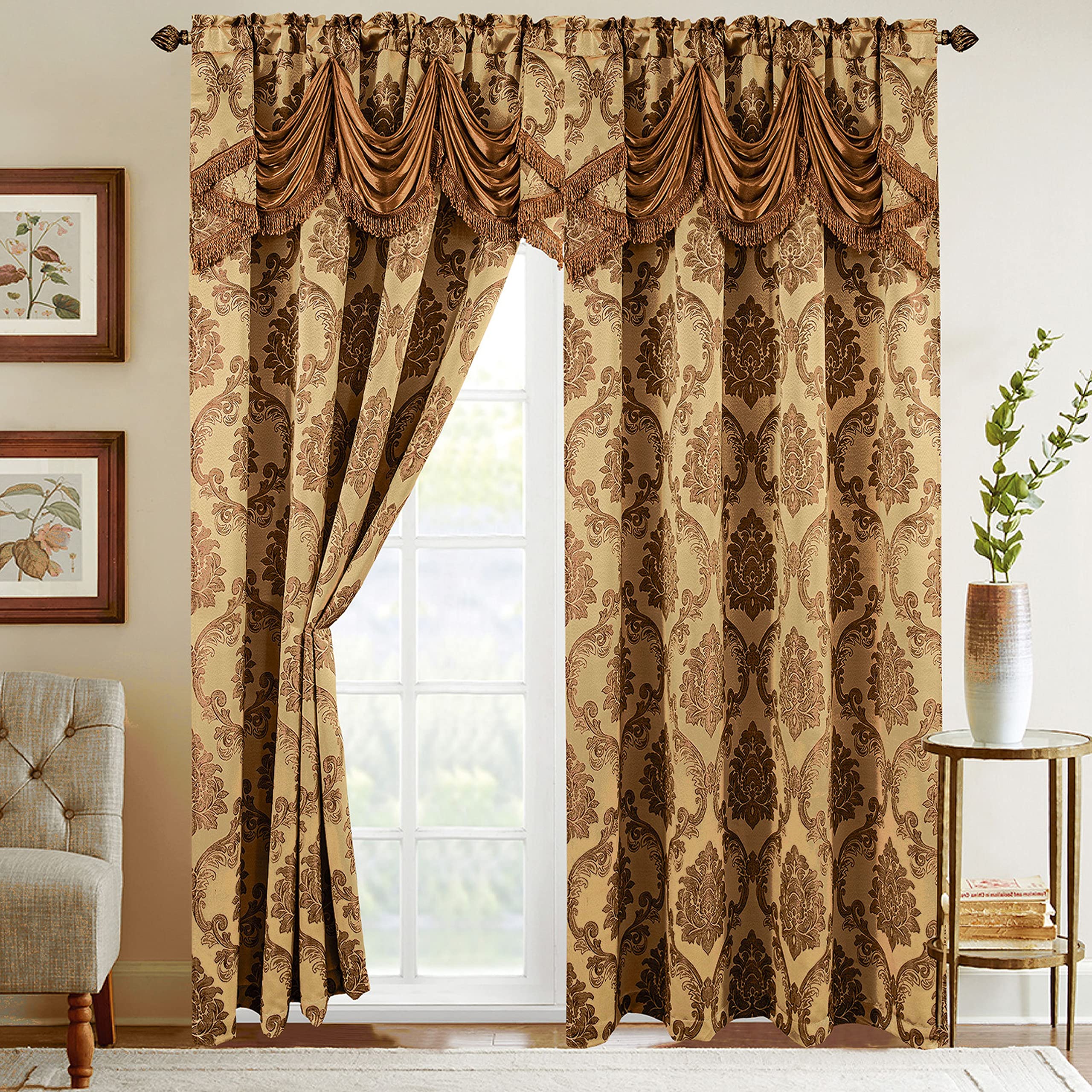 Elegant Comfort Jacquard Look Curtain Panel Set with Attached Waterfall Valance, (Set of 2), 54 x 84 Inches, Gold/Taupe