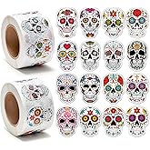 H1vojoxo 1000PCS Day of The Dead Sugar Skull Sticker Roll, Mexican Dia de Los Muertos Stickers for Water Bottle, Mexican Day of The Dead Decals, Sugar Skull Stickers for Luggage, Laptop, Computer