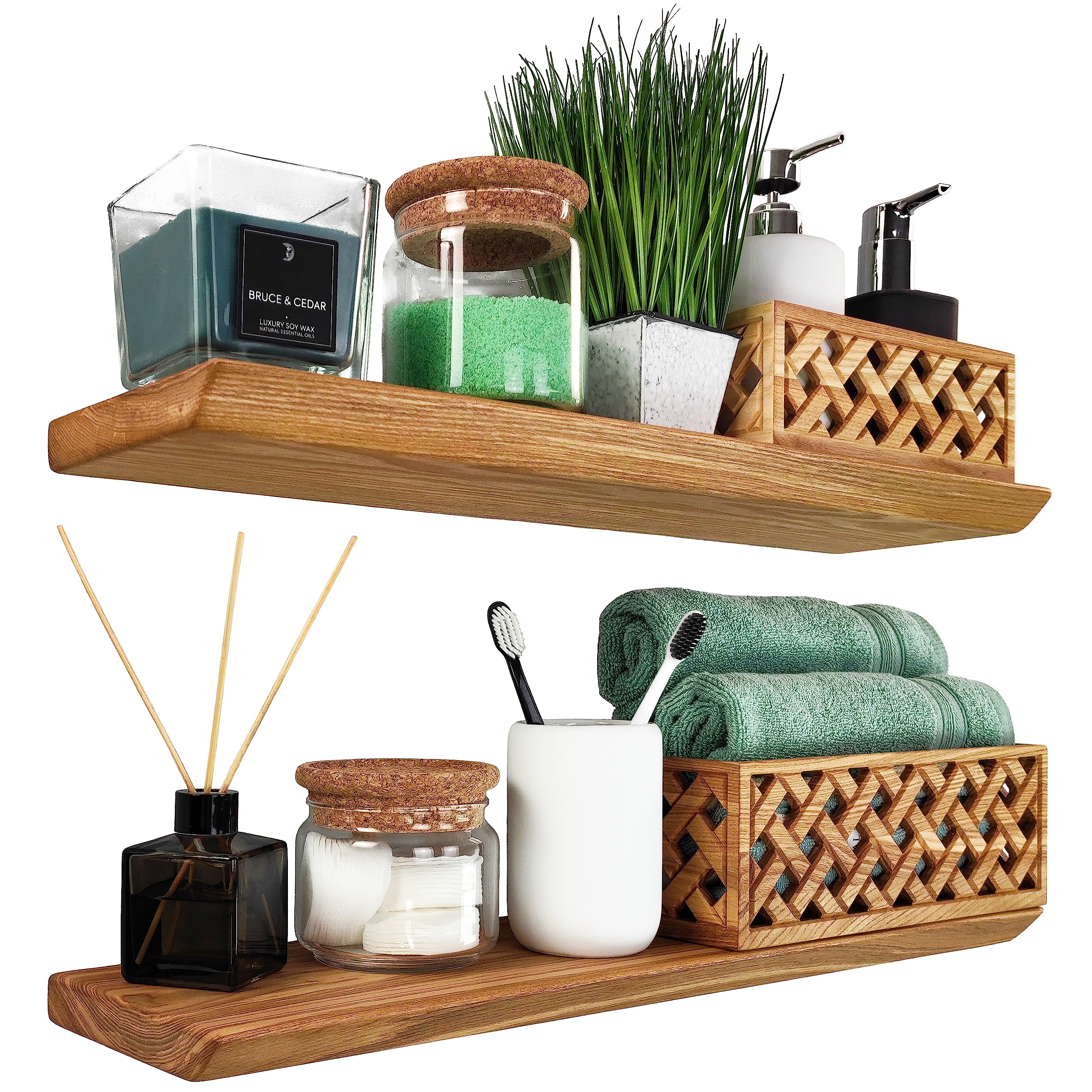 Wood Wedge Floating Shelves Set of 2, Ash Wood Hanging Shelf with Invisible Brackets for Bathroom, Bedroom, Toilet, Kitchen, Office, Living Room, Wall Decor Trophies, Bookshelf Rustic|Natural, 60cm