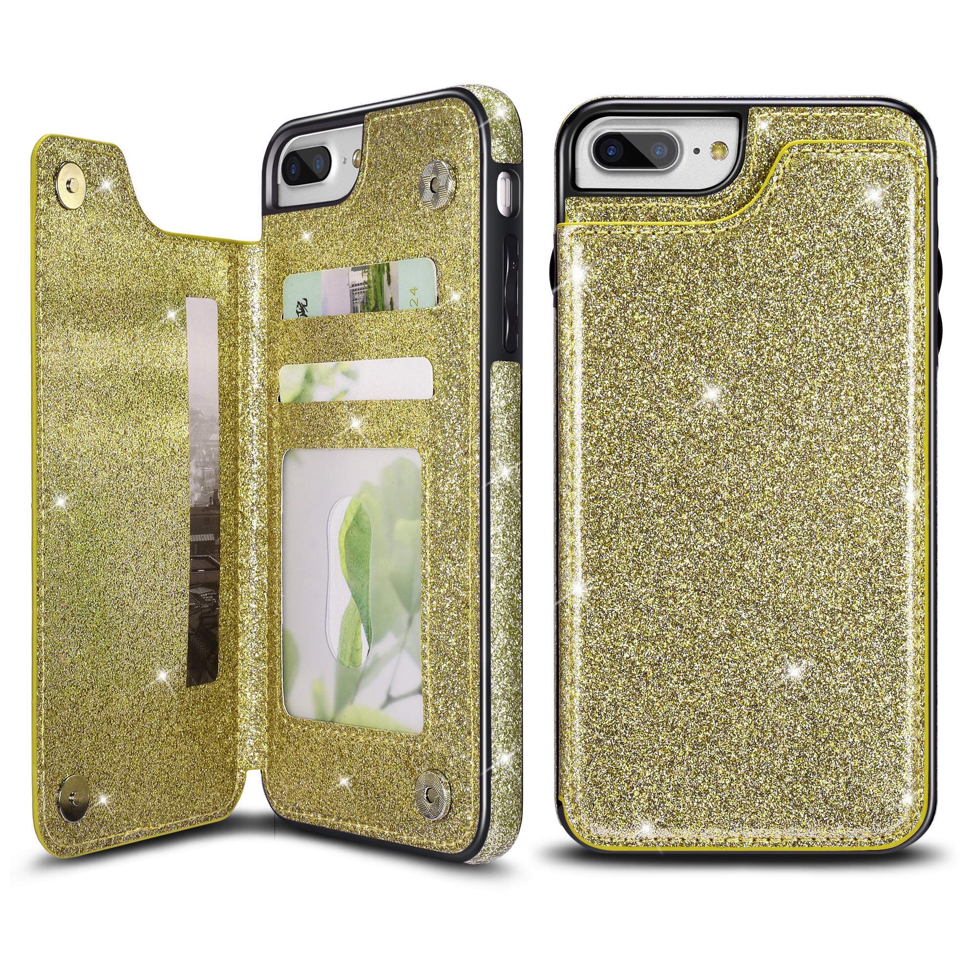 UEEBAI Case for iPhone 7 Plus 8 Plus, Premium Glitter PU Leather Case Back Wallet Cover [Two Magnetic Clasp] [Card Slots] Stand Function Durable Shockproof Soft TPU Case for iPhone 8 Plus - Gold