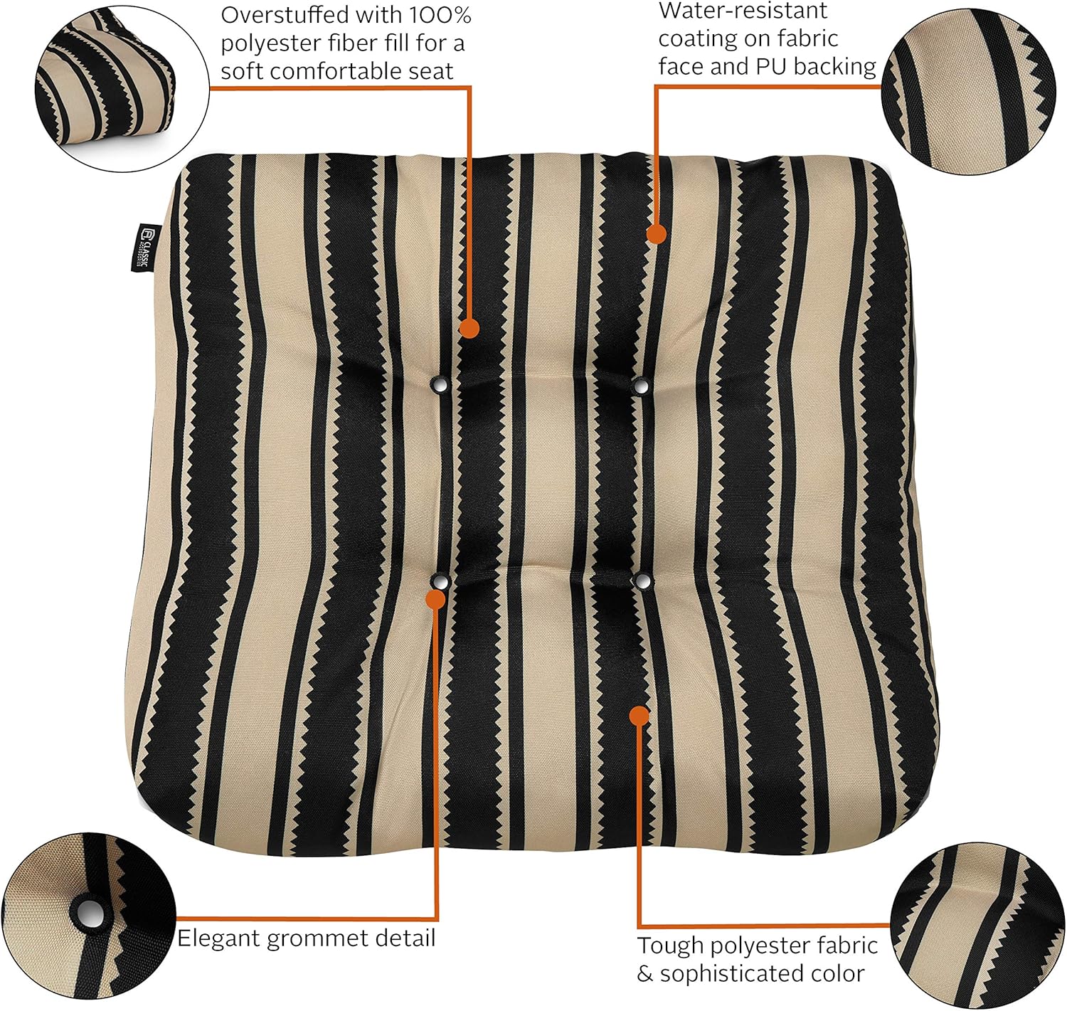 Classic Accessories Water-Resistant Square Patio Seat Cushions, 19 x 19 x 5 Inch, 2 Pack, Black Sedona Stripe : Garden & Outdoor