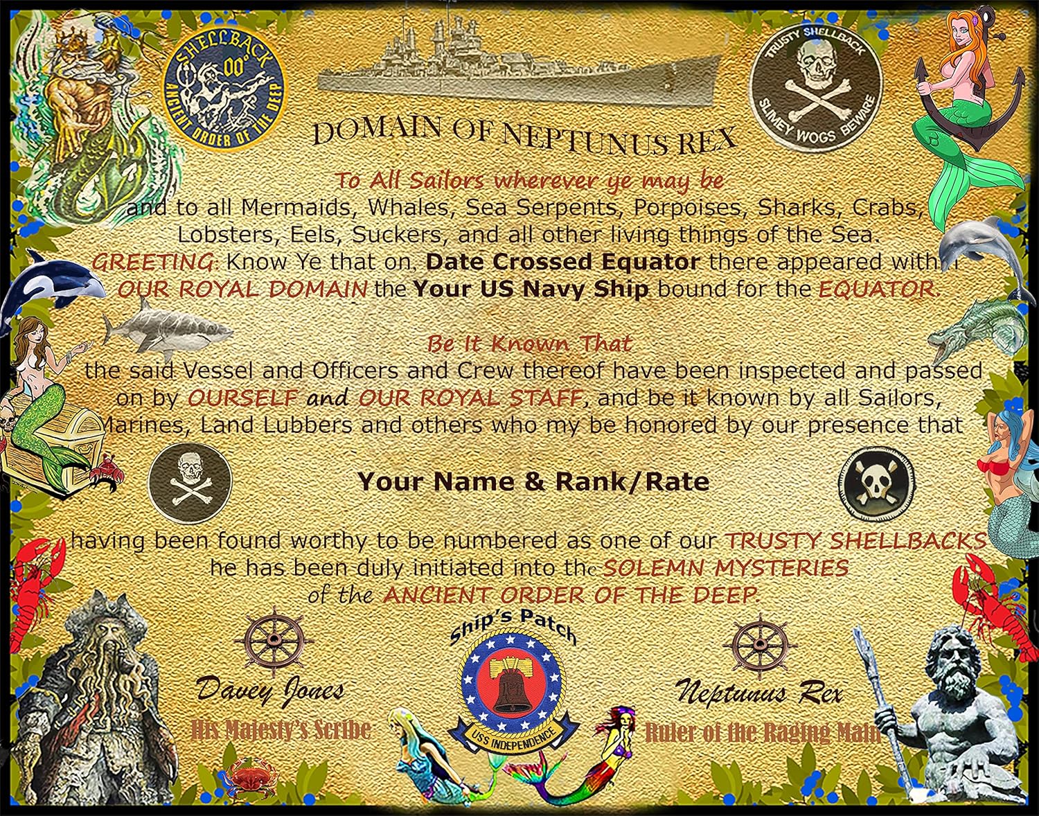 Photographs - Shellback Certificate, Custom Personalized Photo, US Navy, US Navy Ships. US Navy Vets, 11 x 14