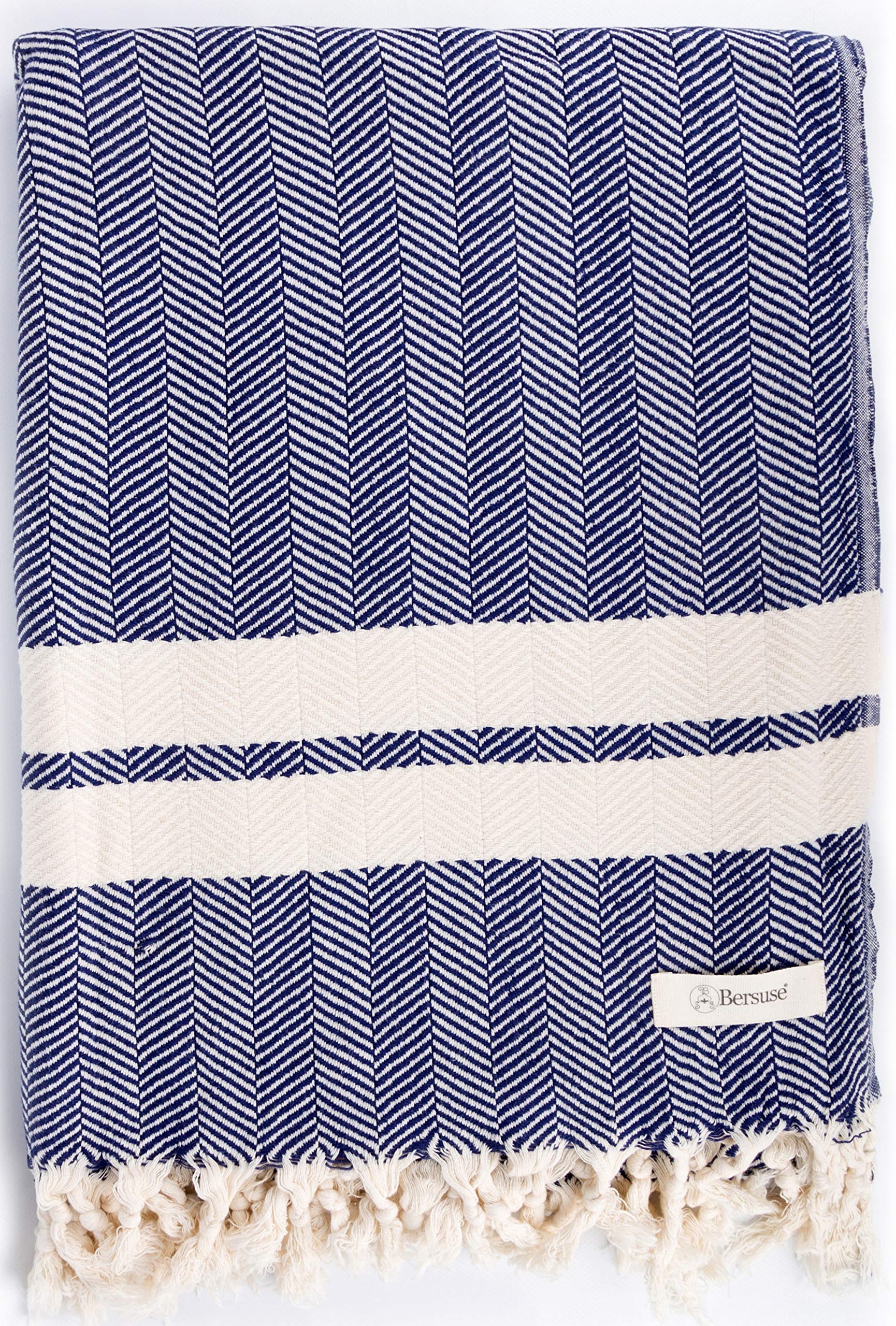 Bersuse 100% Cotton - Herringbone XXL Throw Blanket Turkish Towel - Dark Blue