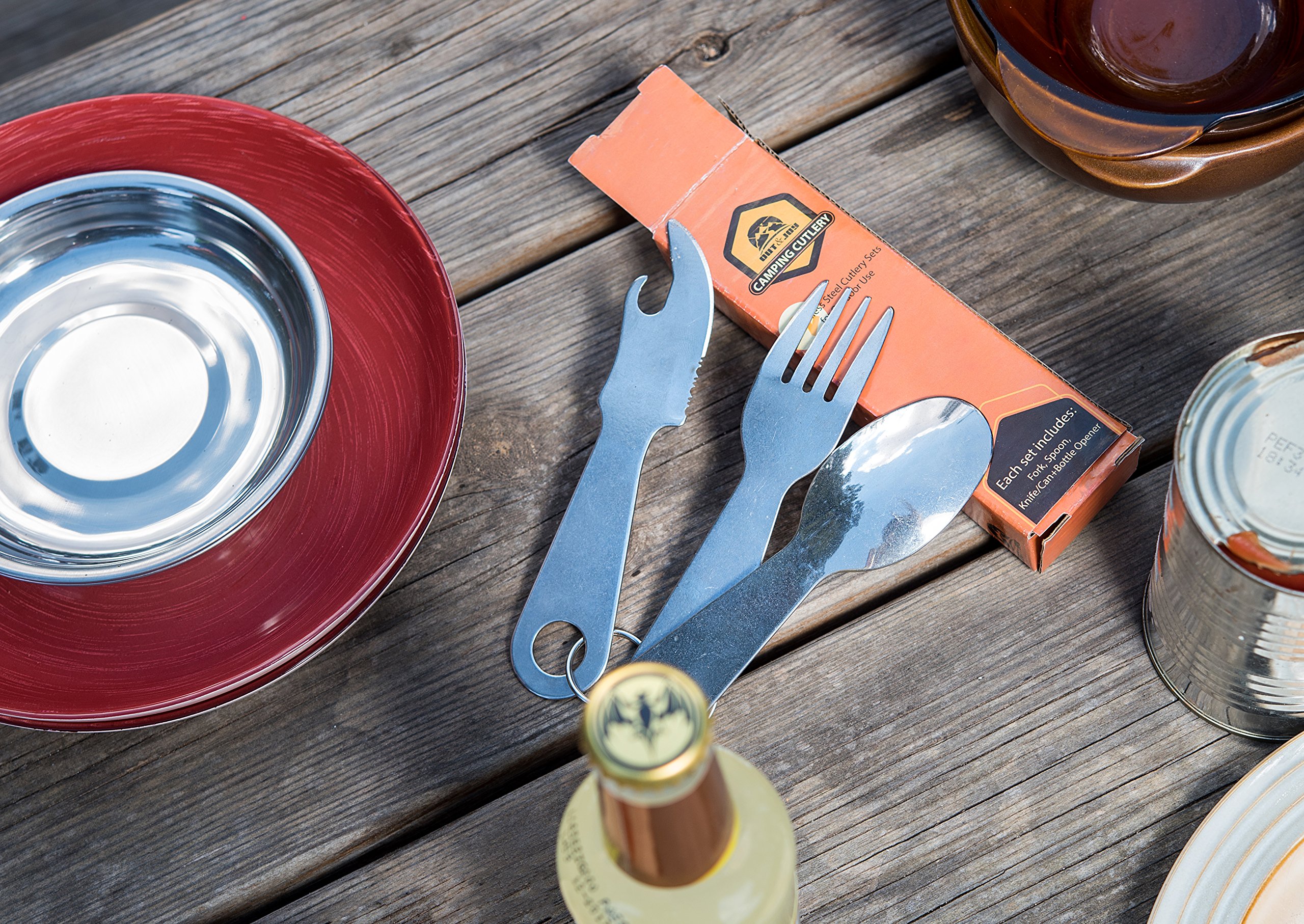 Out&Joy Lightweight Stainless Steel Camping Cutlery Set – Compact, Multi-Purpose, Eco-Friendly Silverware Set Includes Fork, Spoon, Knife + Can and Bottle Opener (4 Person Setting)
