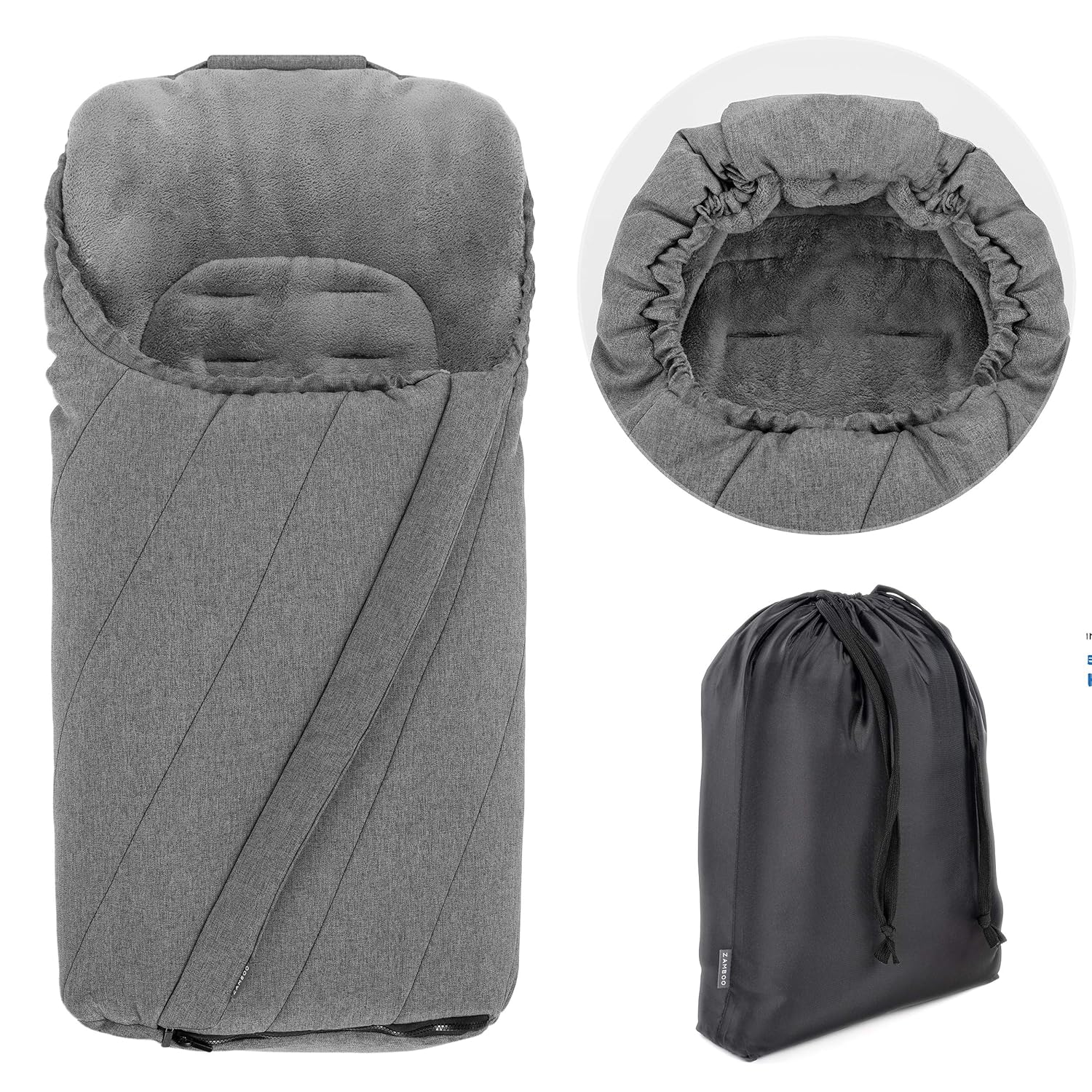 Zamboo Winter Fußsack für Kinderwagen & Buggy - Anti-Rutschschutz, weiches Deluxe Thermo Fleece, warme Mumien-Kapuze & Tasche - Melange Grau