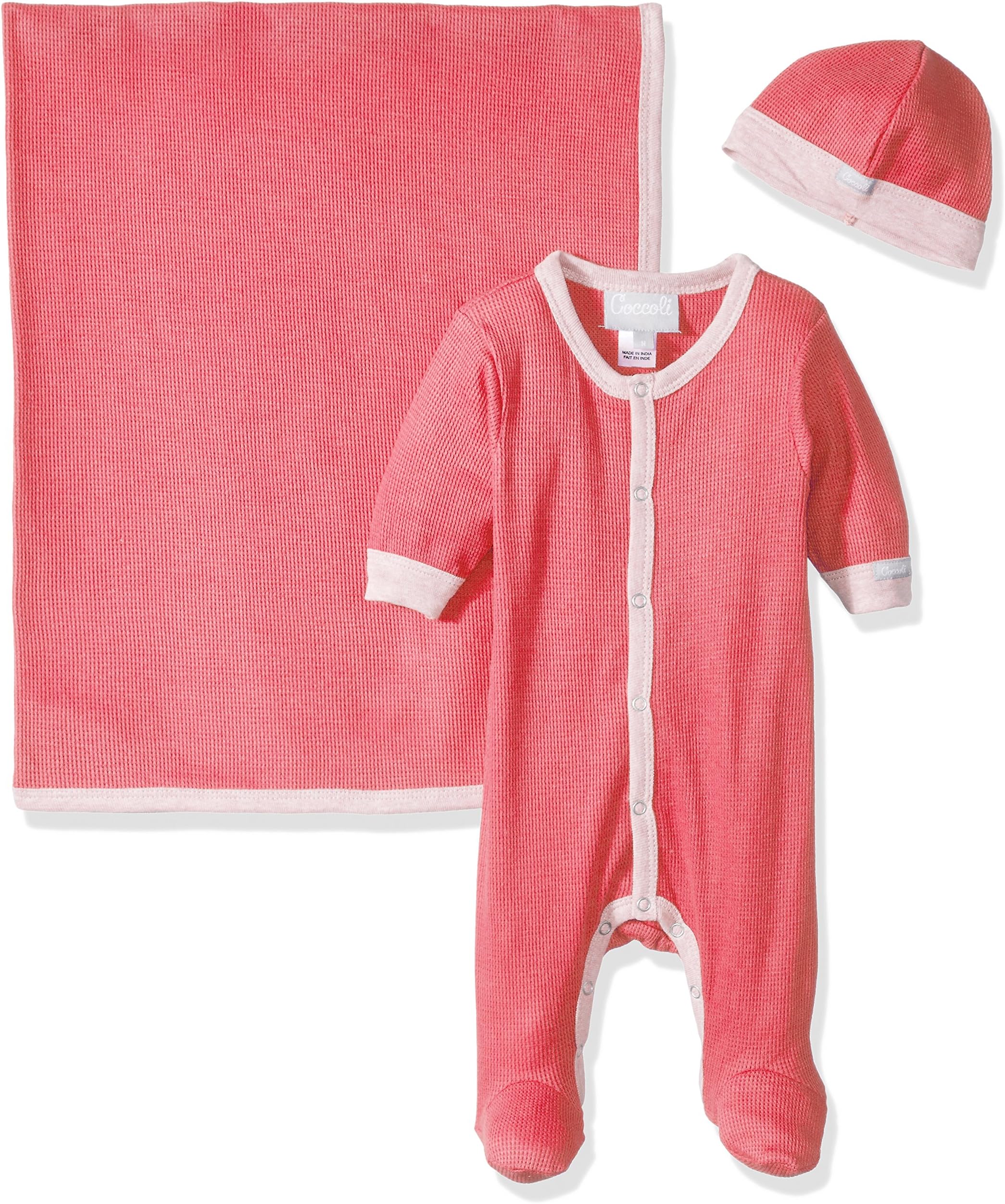 Coccoli Baby Girls' Camelia Waffle Knit Cotton Footie + Cap + Blanket Gift Set