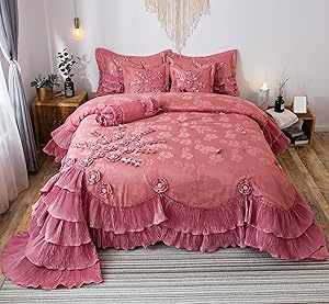 Tache Home Fashion Royal Princess Ruffled Victorian Comforter Set, Queen, Pink