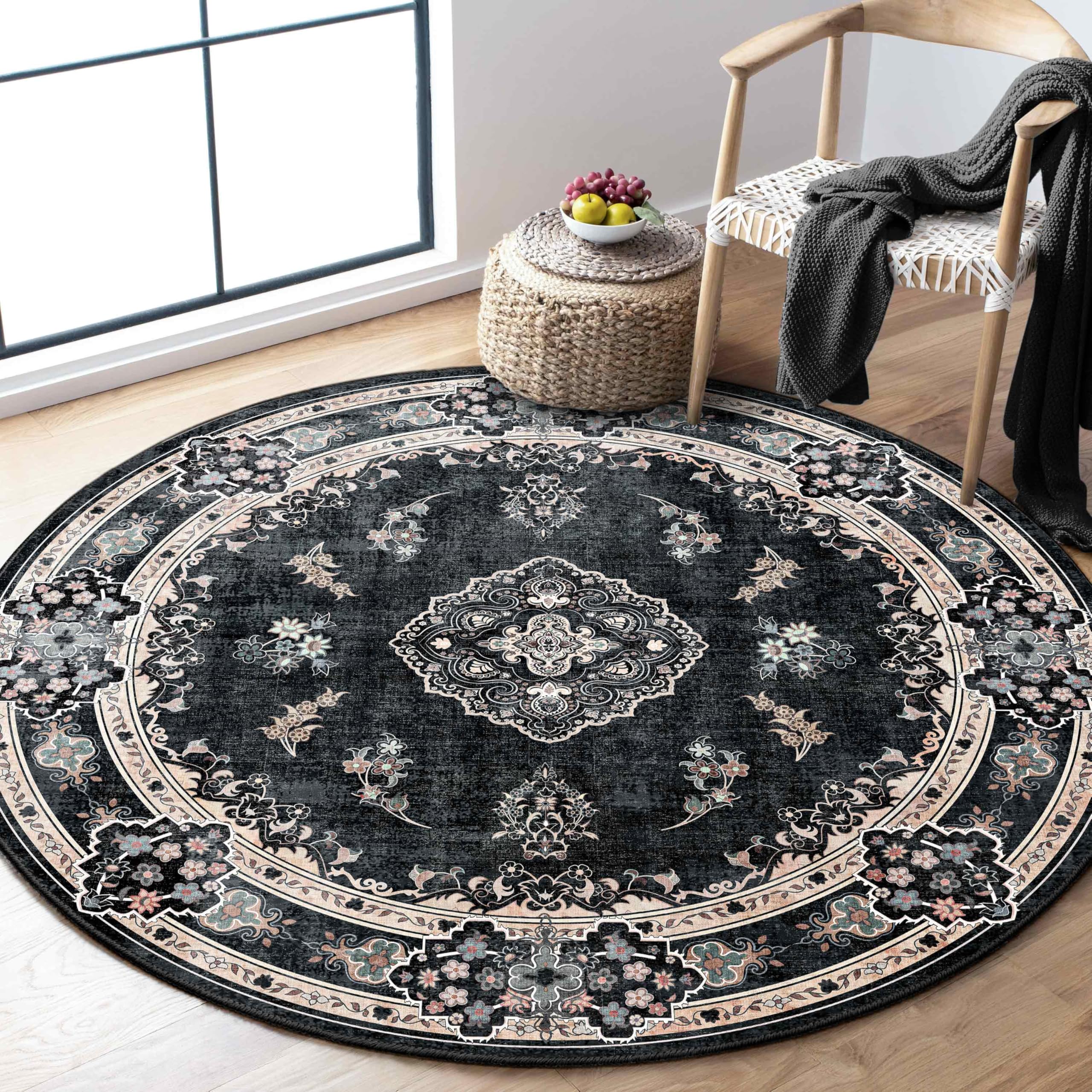 Photo 1 of MUJOO Black Round Rug 4ft,Circle Washable Area Rugs for Bedroom Living Room Bathroom,Vintage Bohemian Distressed Farmhouse Non Slip Circular Carpet,Floral