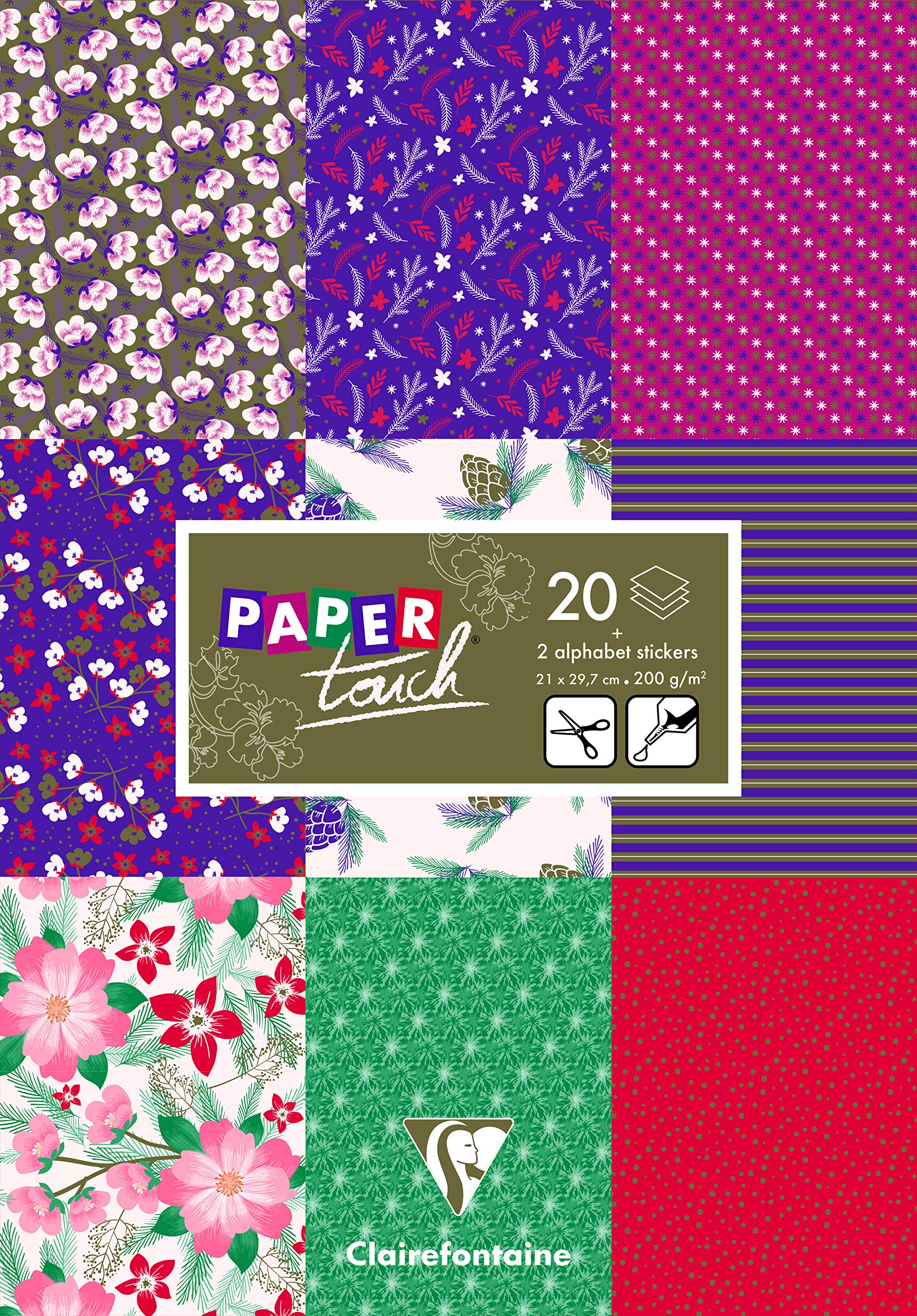 Clairefontaine 95262C Pad of 20 Motif Sheets 200g Cardstock Alphabet Stickers Cut-out Labels A4 21x29,7cm Creative Leisure Scrapbooking Paper Winter Floral