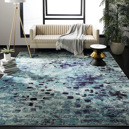 Safavieh Monaco Collection MNC225J Boho Chic Abstract Watercolor Non-Shedding Stain Resistant Living Room Bedroom Area Rug, 6'7" x 6'7" Square, Light Blue / Multi