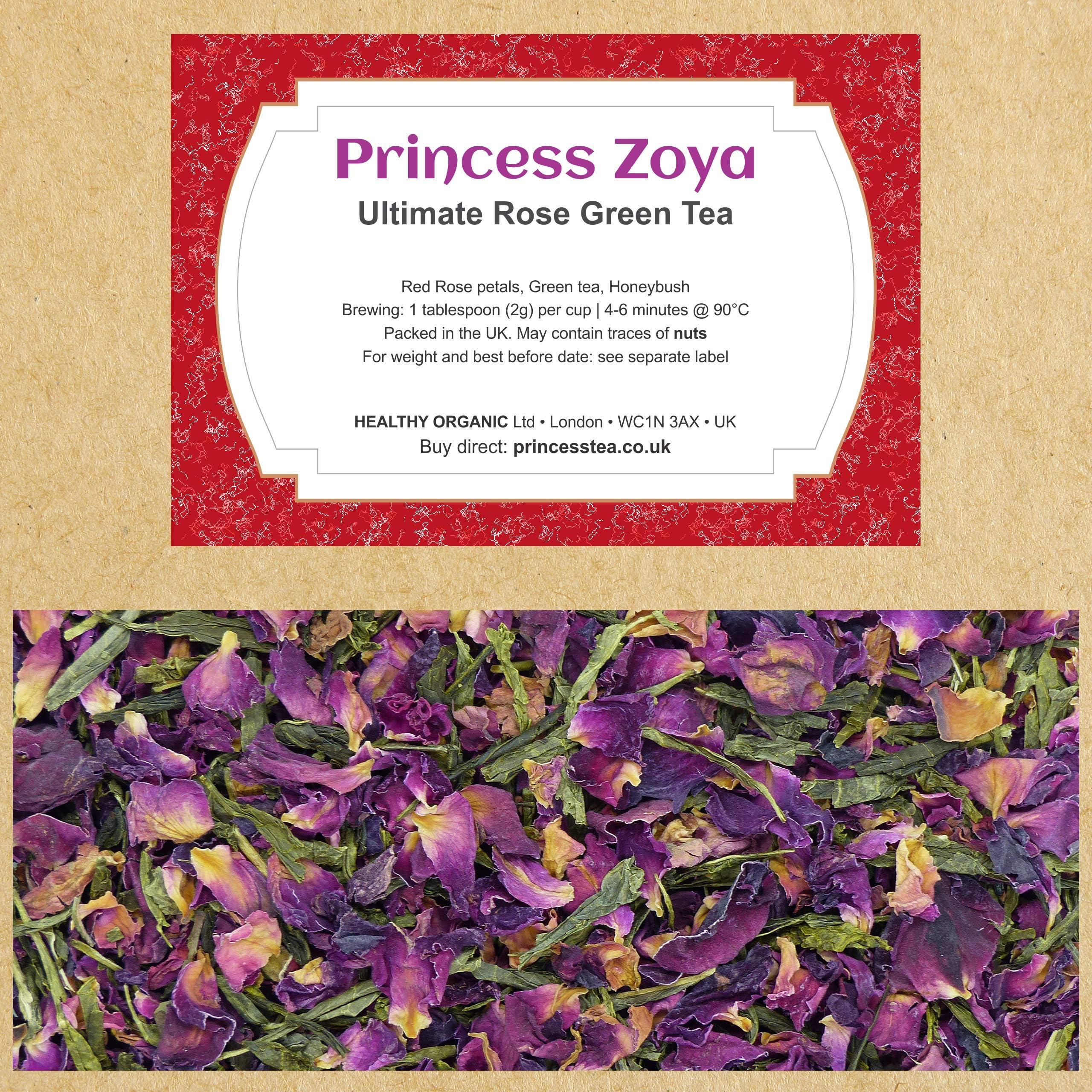 Red Rose Green Tea 100g, Low Caffeine Blend of Green Tea, Rose Petals and Honeybush, Hand Packed in The UK, 100% Natural Large Leaves, Resealable Bag