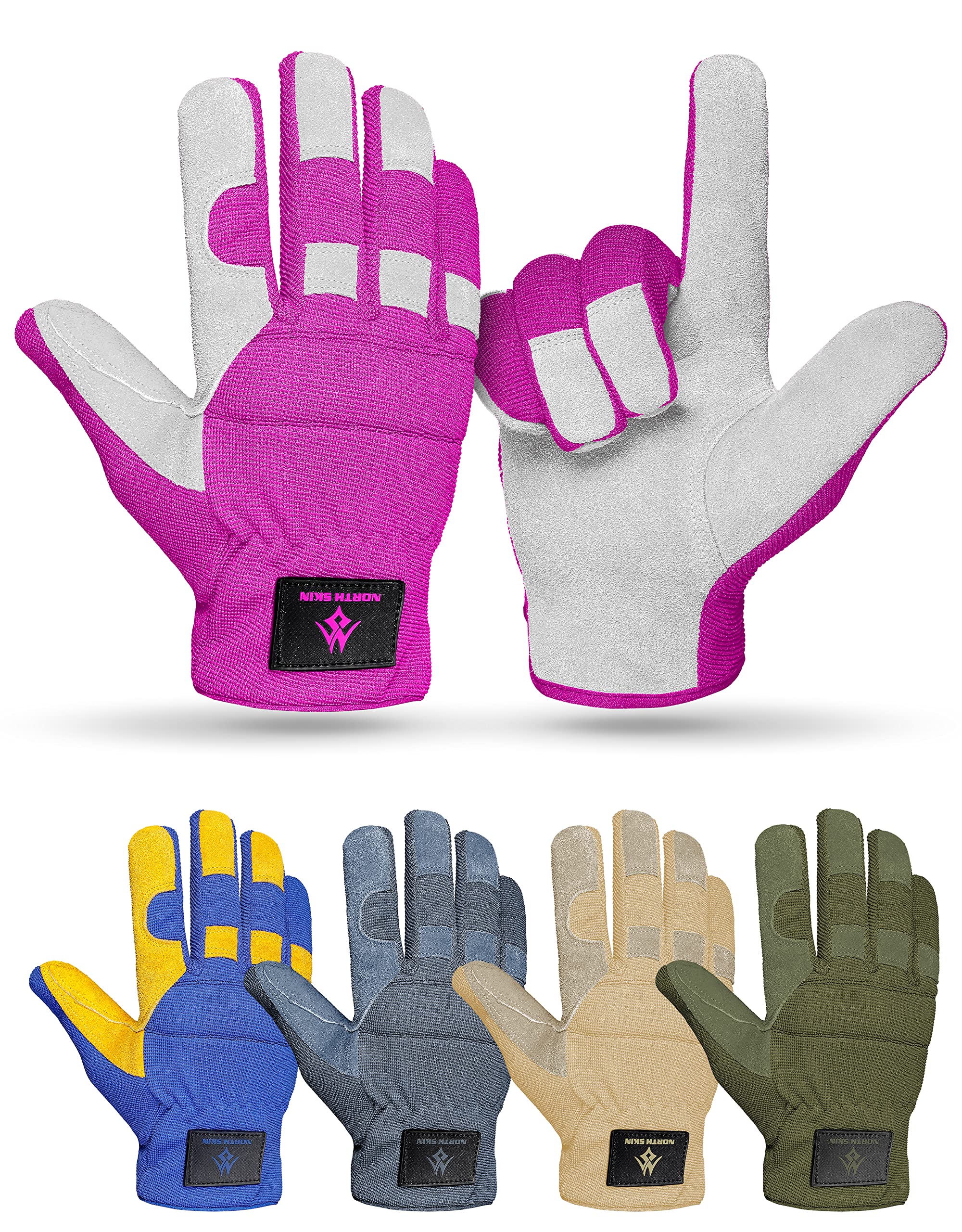 NORTH SKIN Leather Gardening Work Gloves Heavy Duty Breathable Thorn Proof Garden Gloves Flexible Mechanics Building Construction Safety Working Utility Gloves Men Women (Pink, L)