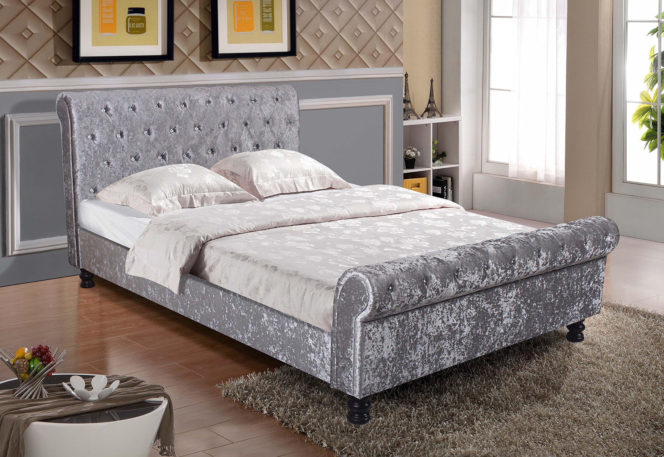 FurnitureDepot1 Kingston 6FT Super King Size Silver Crystal Sleigh Bed