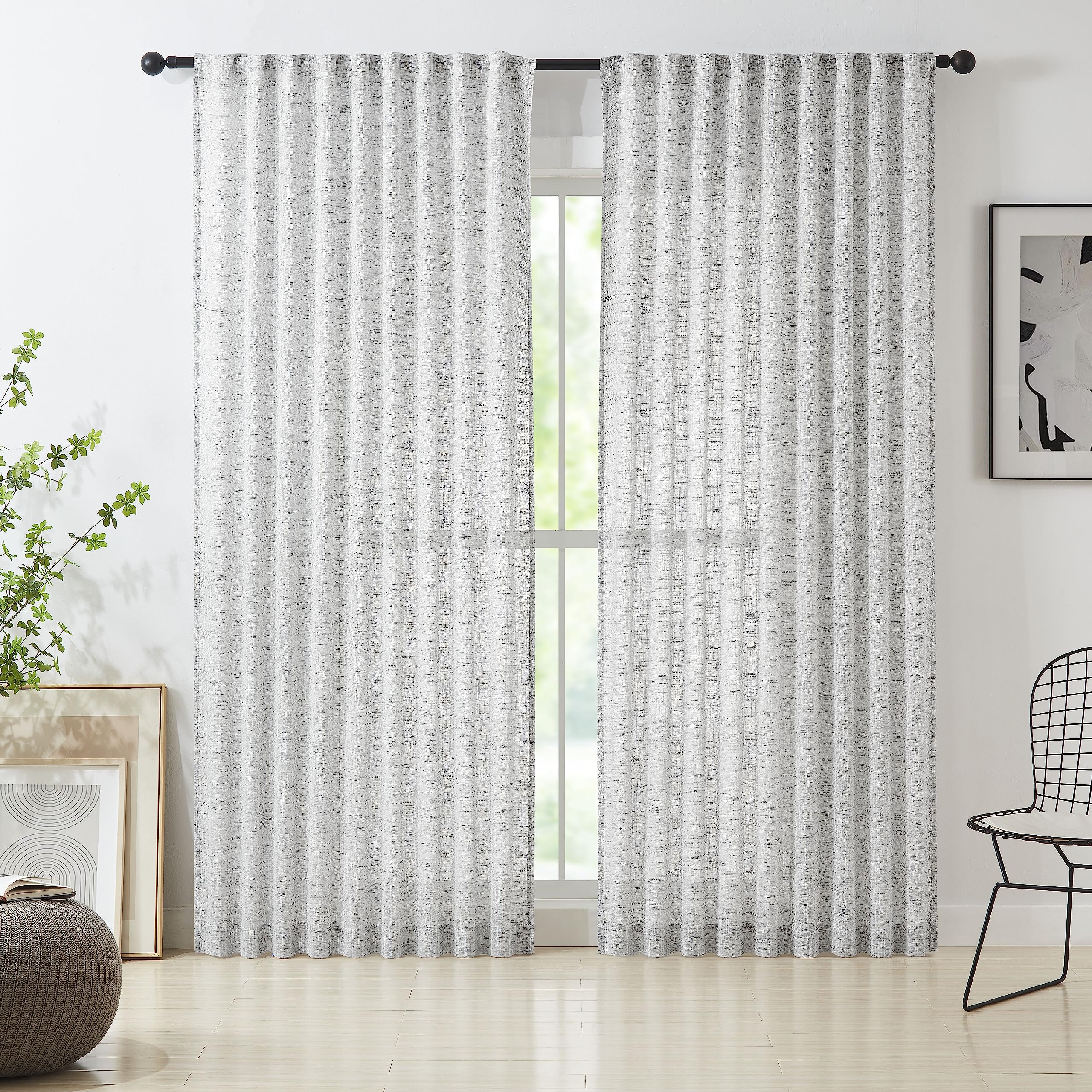 Semi Sheer Grey Curtains 90inch Long Linen Textured Curtain Panels for Living Room Bedroom Window Drapes Burlap Look Privacy Window Treatment Set Pencil Pleat 54" w 2 Pcs