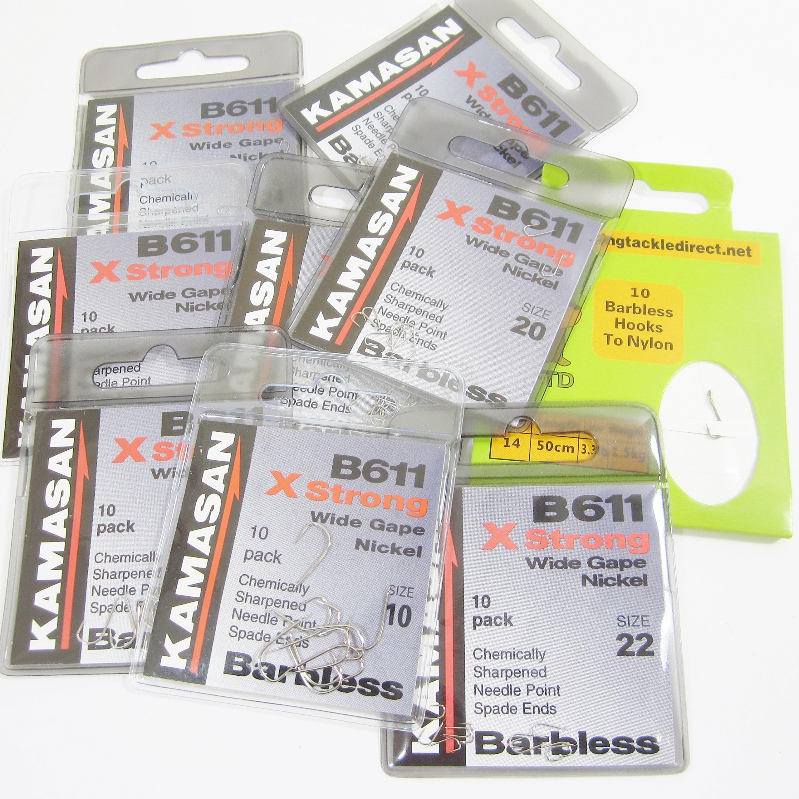 FTD - Min 30 (3 packs of 10) KAMASAN B611 X-Strong Wide Gape Nickel Barbless (Spade End) Fishing Hooks - Single Size & Combinations - Sizes 10 to 24 - Comes with 10 FTD Barbless Hooks to Nylon