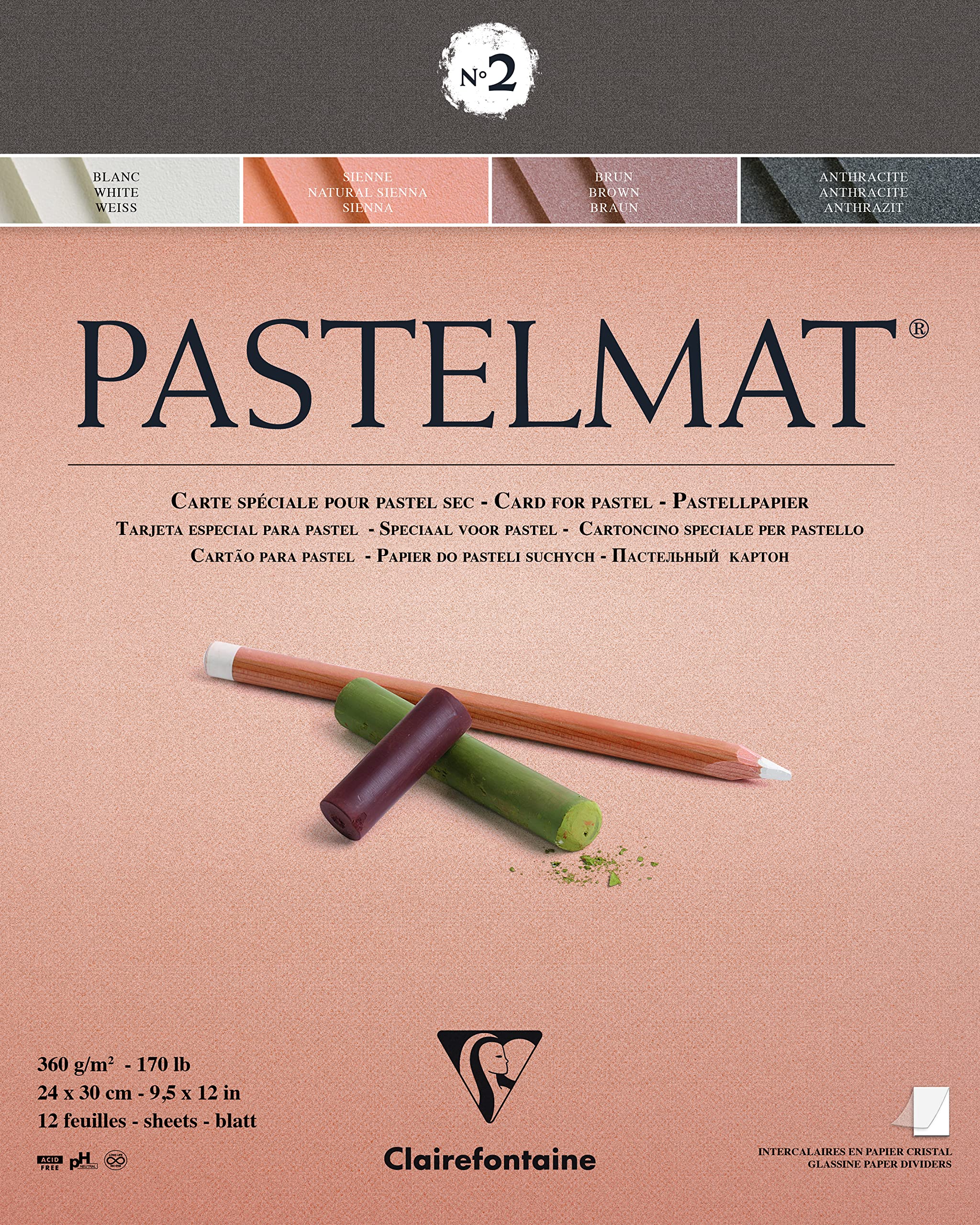 Clairefontaine - Ref 96007C - Pastelmat Pastel Card Pad No.2 (12 Sheets) - 360gsm Card - 24 x 30cm - Assorted Colours - Specially Formulated For Use With Pastels