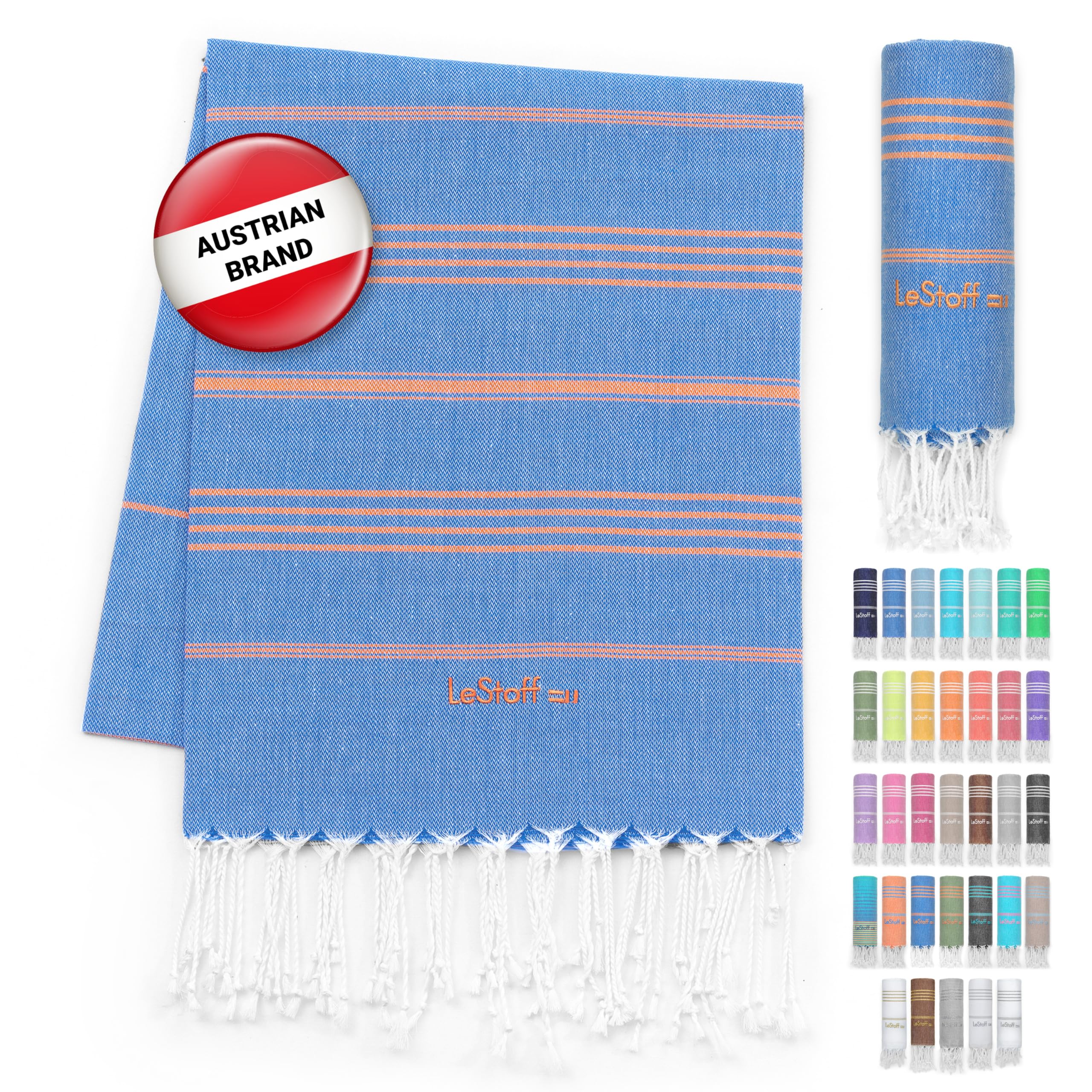 LeStoff Turkish Hammam Towel – 100% organic cotton, 95 x 180 cm, Pre-washed, Absorbent, Quick-drying, Lightweight, Turkish Towel, Hammam Beach Towel, Gym Towel, Beach Throw, Sauna Towel (Blue-Orange)