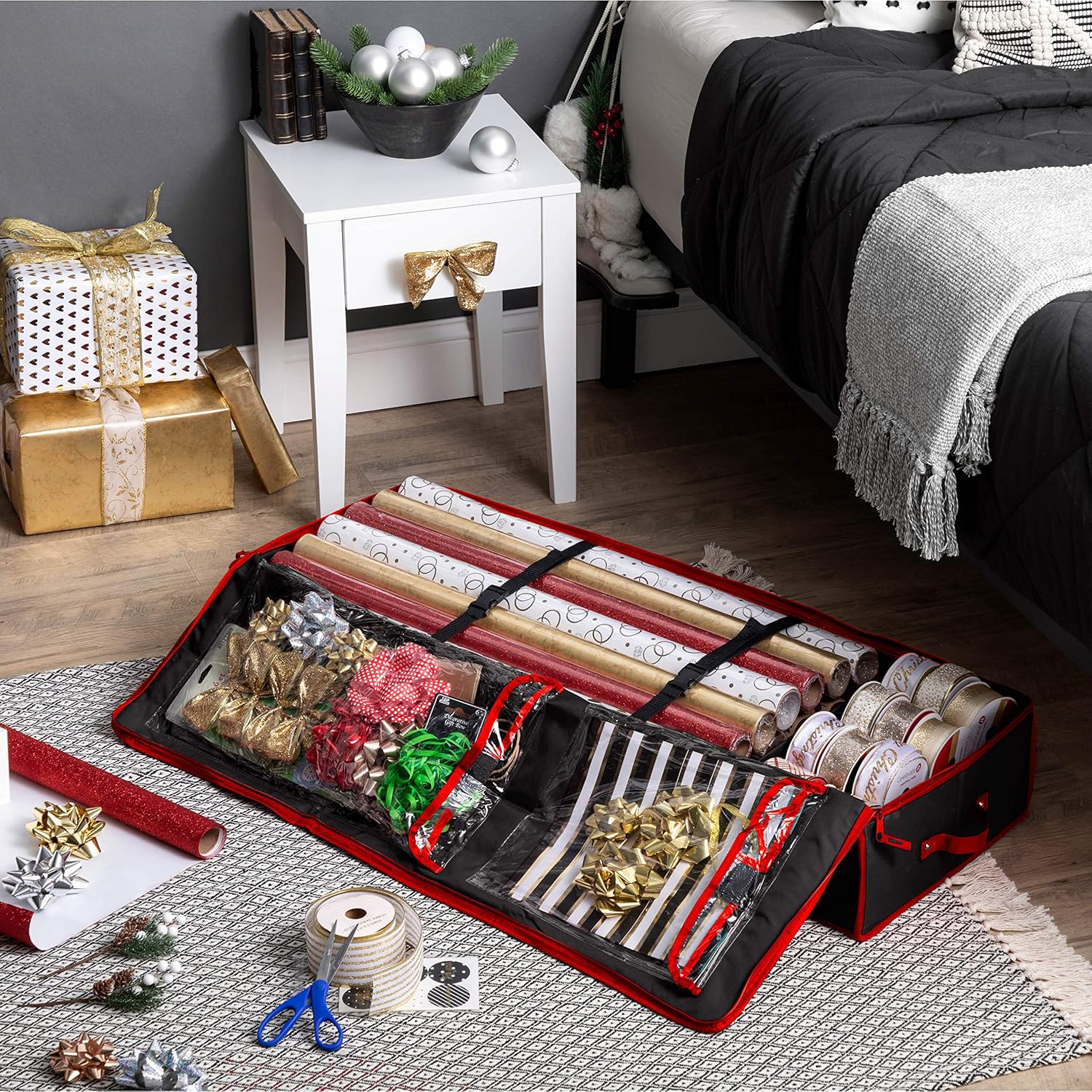 ZOBER Premium Wrap Organizer, Interior Pockets, fits 18-24 Standers Rolls, Underbed Storage, Wrapping Paper Storage Box and Holiday Accessories, 40” Long - Tear-Proof Fabric - 5-Year Warranty: Home & Kitchen