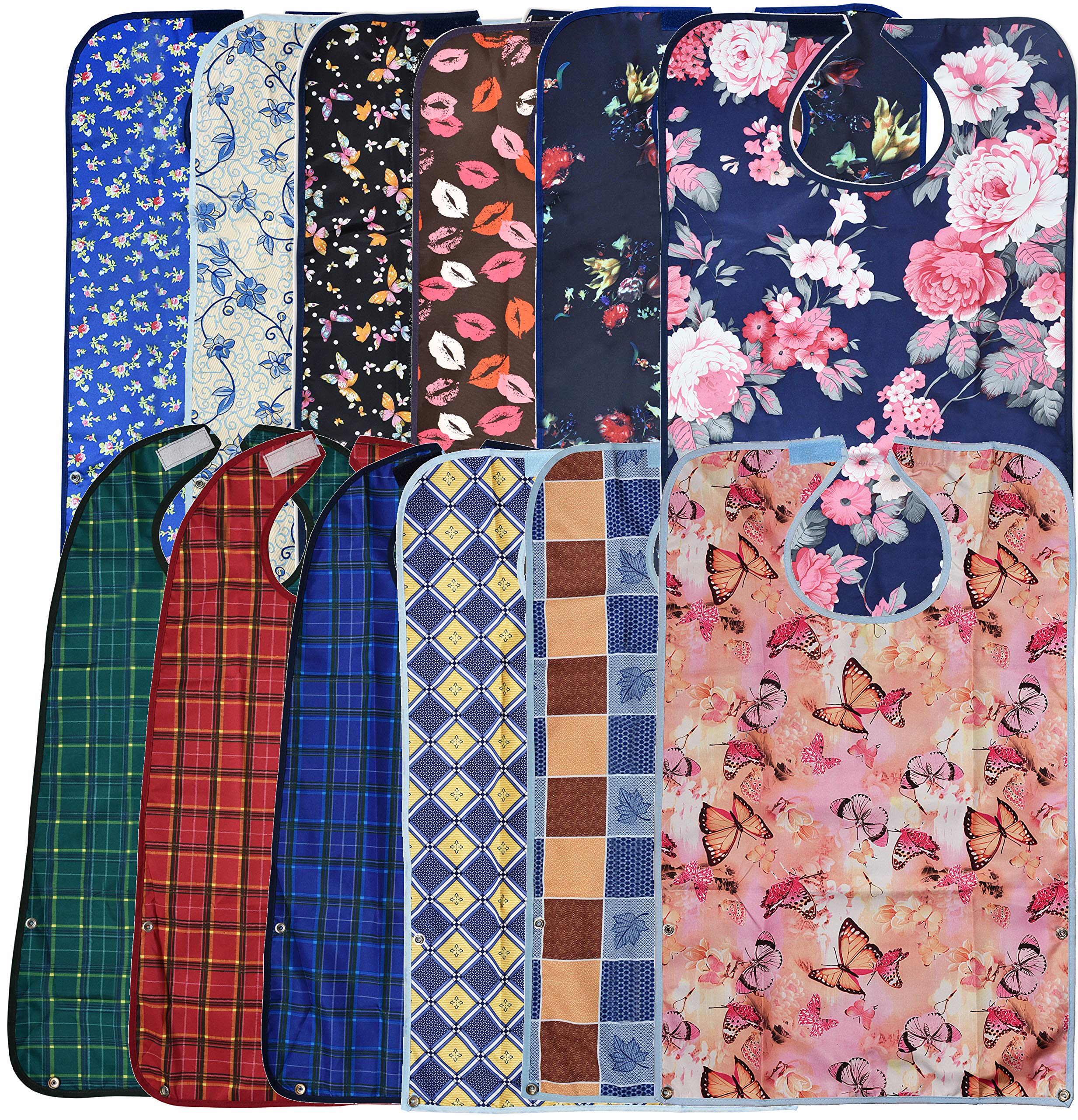 Celley 12 Pack Adult Bibs with Crumb Catcher - Waterproof and Reusable Clothing Protectors for Elderly, Seniors and Disabled