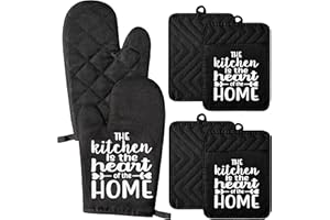 GROBRO7 6Pcs Funny Oven Mitts Pot Holders Set The Kitchen is The Heart of The Home Heat Resistant Hot Pads Machine Washable Gloves Pocket Pot Holder with Hanging Loop for Safe Kitchen Baking Cooking