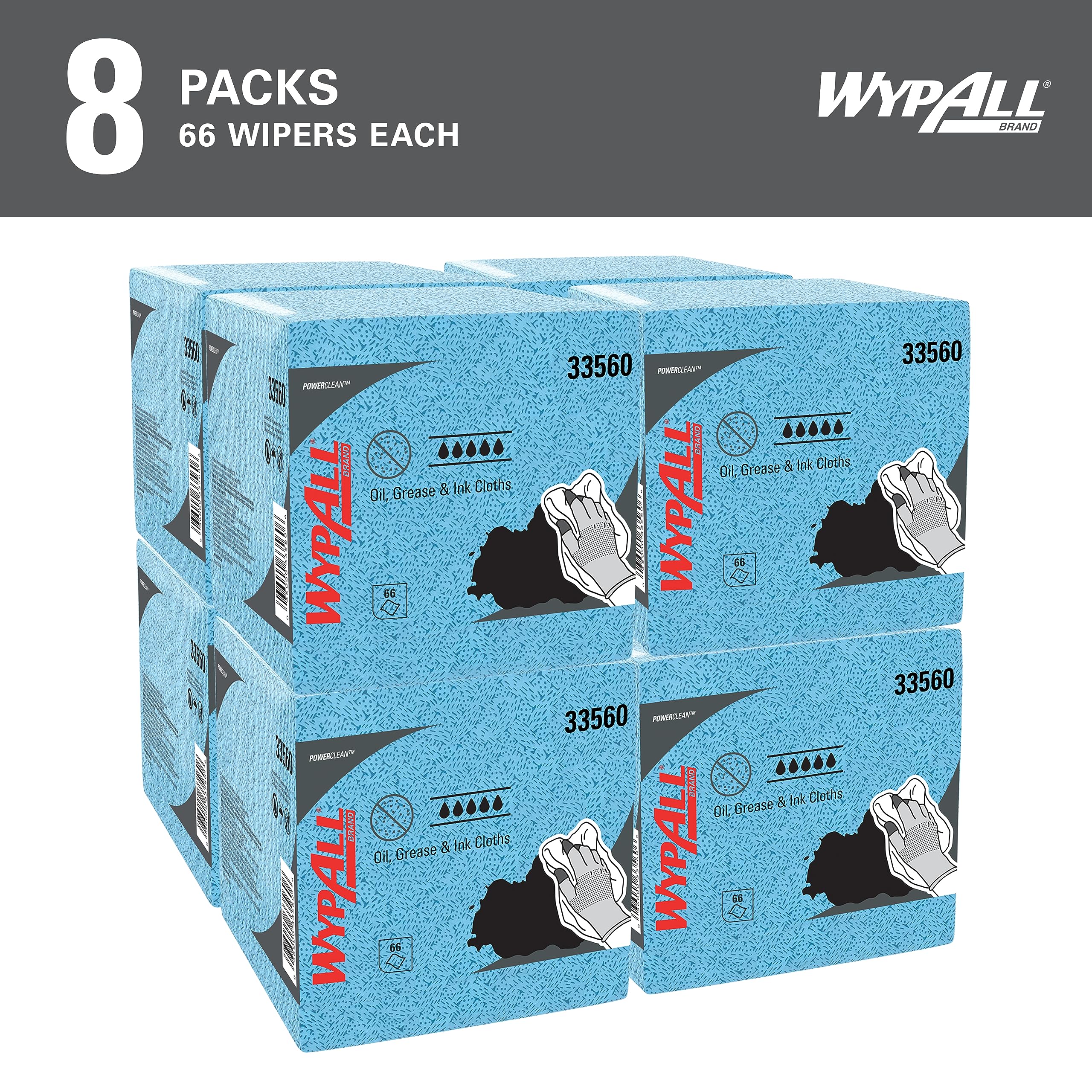 WypAll Oil, Grease & Ink Cloths (33560), Quarterfold, Lint-Free Wipes, Blue (8 Packs of 66 Sheets, 528 Sheet Total)