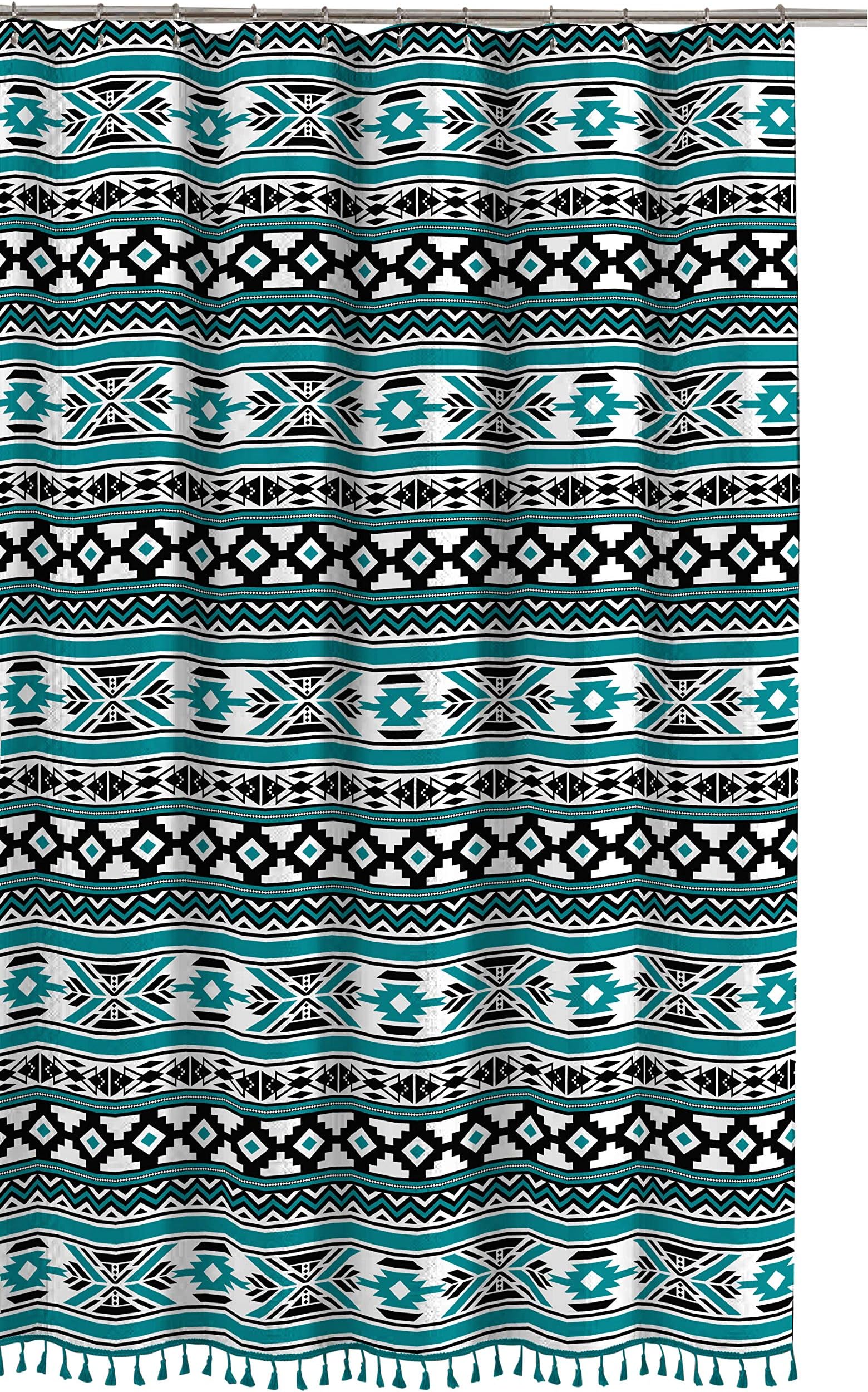 Aztec Geometric Fabric Shower Curtain: Teal Black White Tribal Design with Boho Fringe
