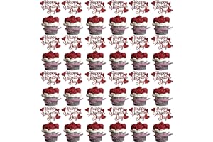 DENEO 40PCS Valentines Day Cupcake Toppers Decorations, Red Glitter Happy Valentines Day Cupcake Toppers for Valentine's Day Decoration Wedding Engagement Party Decoration, Valentines Day Party Decorations