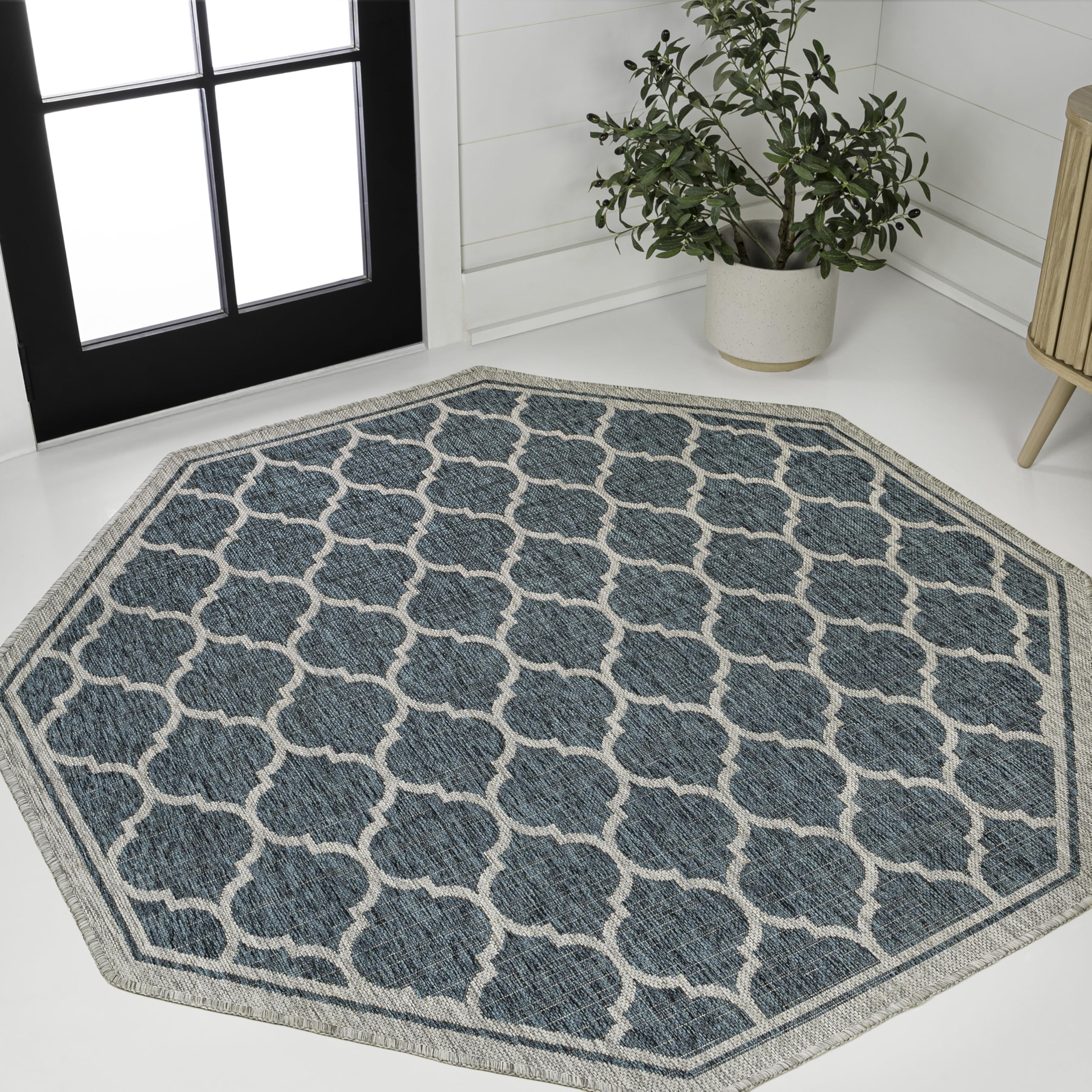 JONATHAN Y Moroccan Trellis Indoor Outdoor Octagon Area Rug 8 Ft Teal/Gray, Trebol Textured Weave for Backyard, Patio, Porch, Easy-Cleaning, High Traffic, Pet-Friendly, Non-Shedding (SMB109E-8TGN) Image