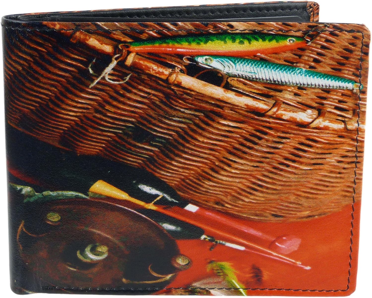 Mens Leather Fishing Bi-Fold Wallet by Retro Gift Box Anglers Fish Rod Hook Classic