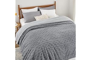 Bedsure Sherpa Queen Size Blanket for Bed - Fleece Soft Fluffy & Cozy Cable Jacquard Tufted Throw Blankets for Women Gift, Thick Warm for Winter and All Seasons, Grey, 90x90 Inches
