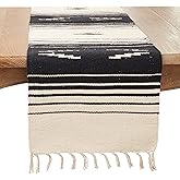 SARO LIFESTYLE Modern Woven Stripe Table Runner - Handwoven with Textured Stripe Pattern and Fringe Tassel Edges for Farmhouse Dining Tables and Casual Entertaining, 16"x72", Black/Natural