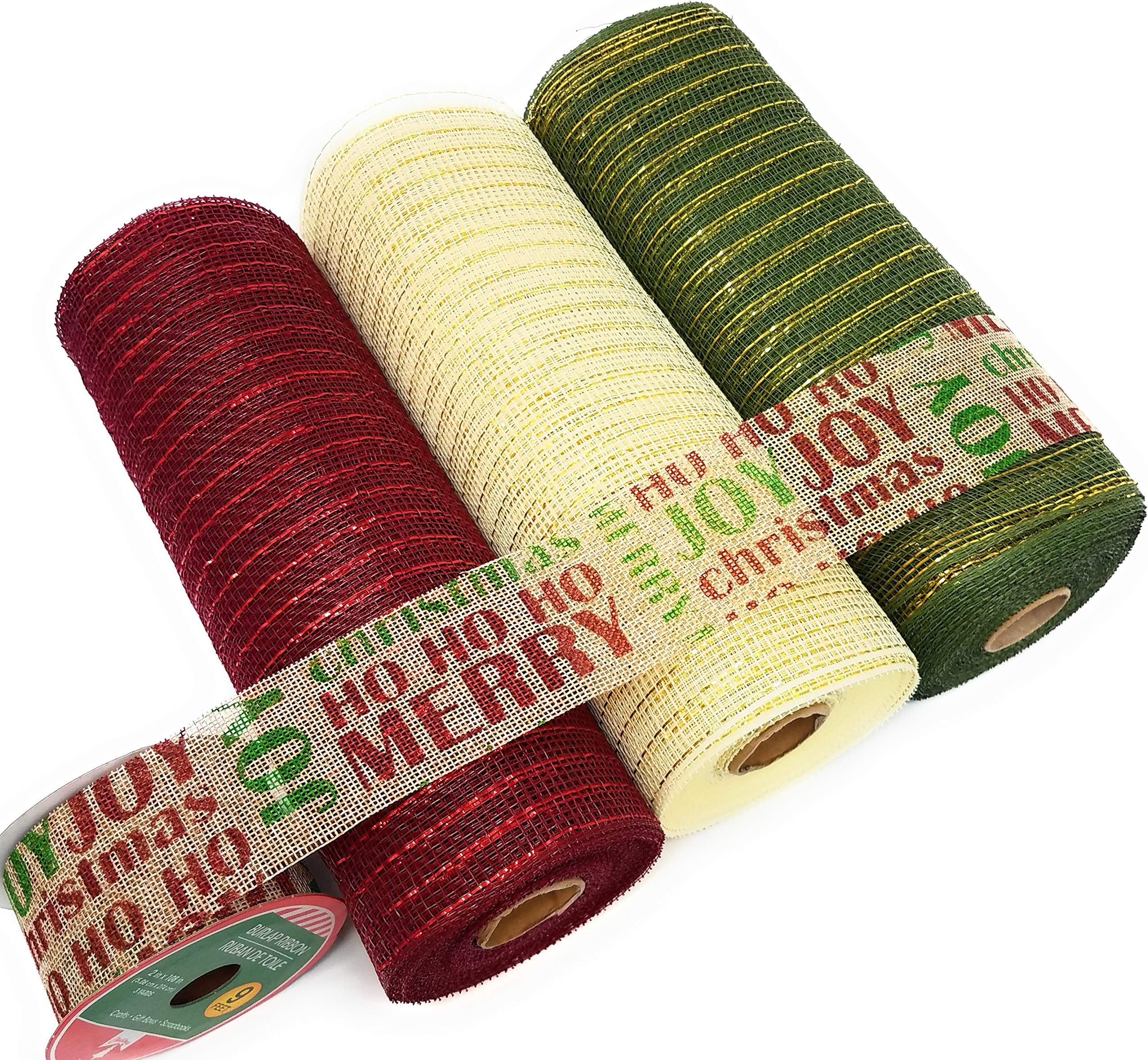 Only1MILLION Country Christmas 10" Decorative Mesh Wreath Kit Includes Mesh and Ribbon Rolls (Burgundy, Moss, Cream)