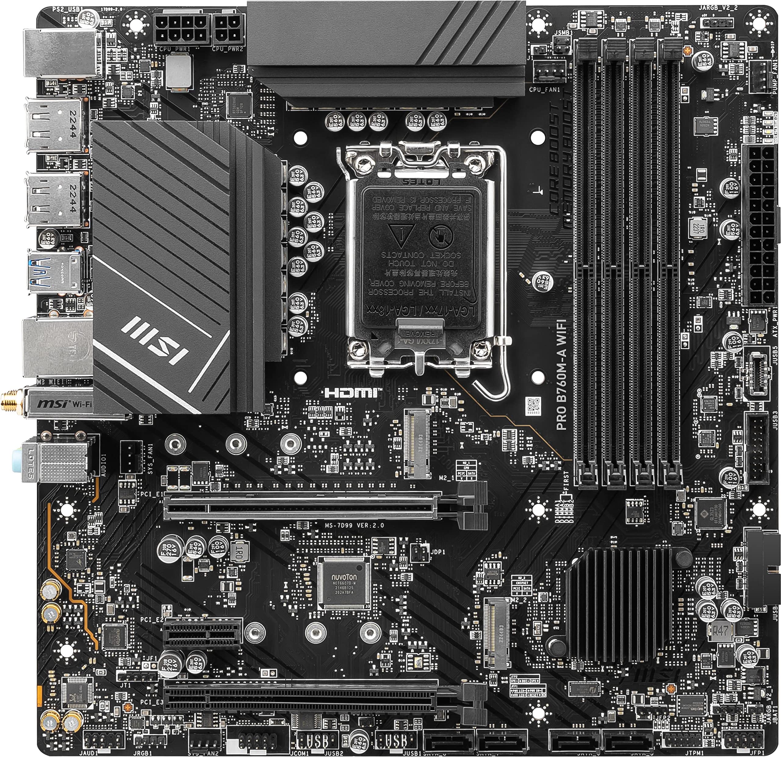MSI PRO B760M-A WiFi ProSeries Motherboard (Supports 12th/13th/14th Gen Intel Processors, LGA 1700, DDR5, PCIe 4.0, M.2, 2.5Gbps LAN, USB 3.2 Gen2, HDMI/DP, Wi-Fi 6E, Bluetooth 5.3, mATX)
