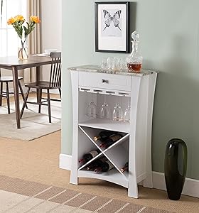 Kings Brand Hiland Bar Cabinet Wine Storage With Glass Holders & Drawer, White, White