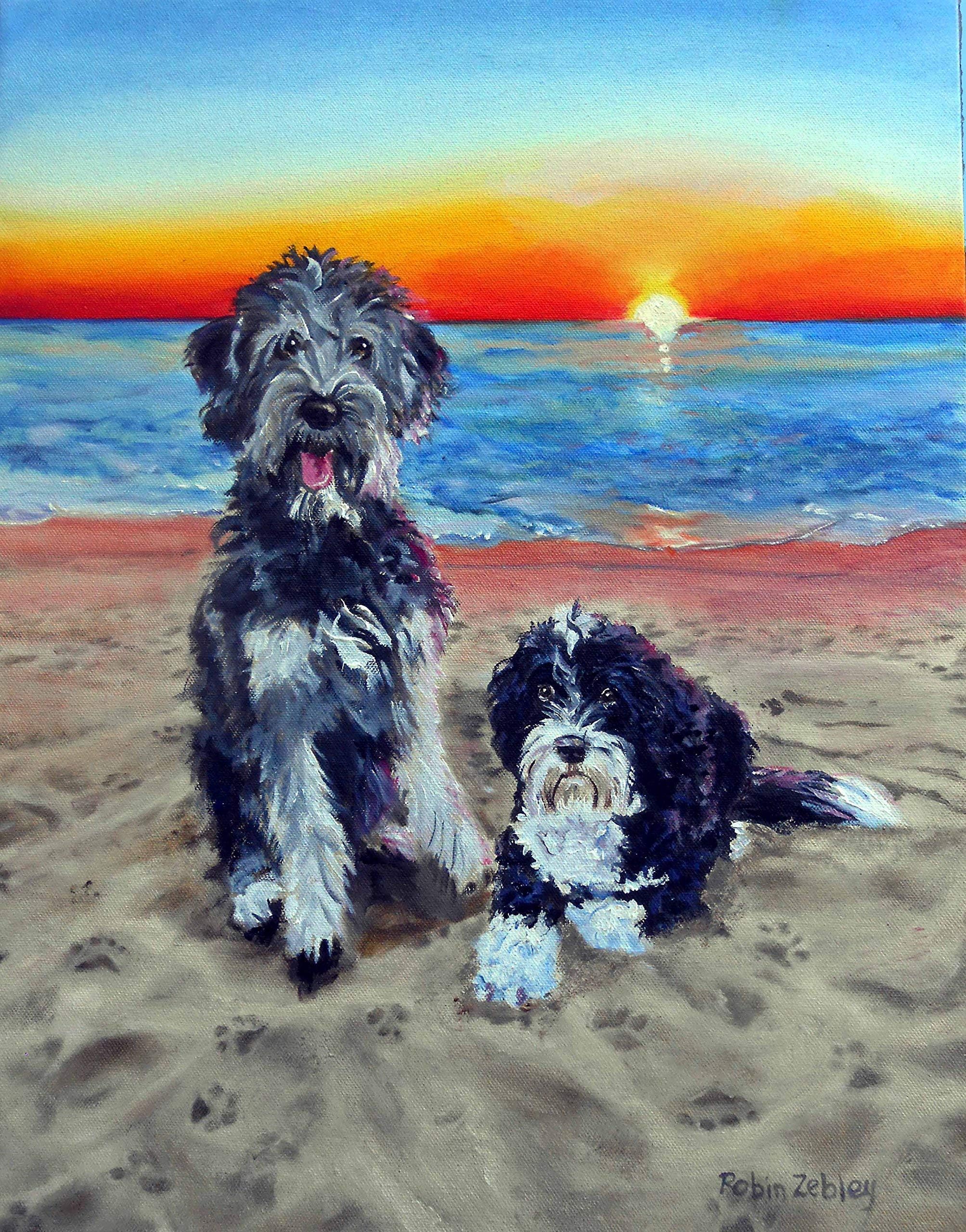 Dogs on the Beach Art, 11 x 14 Inches, Custom Portrait by Artist Robin Zebley