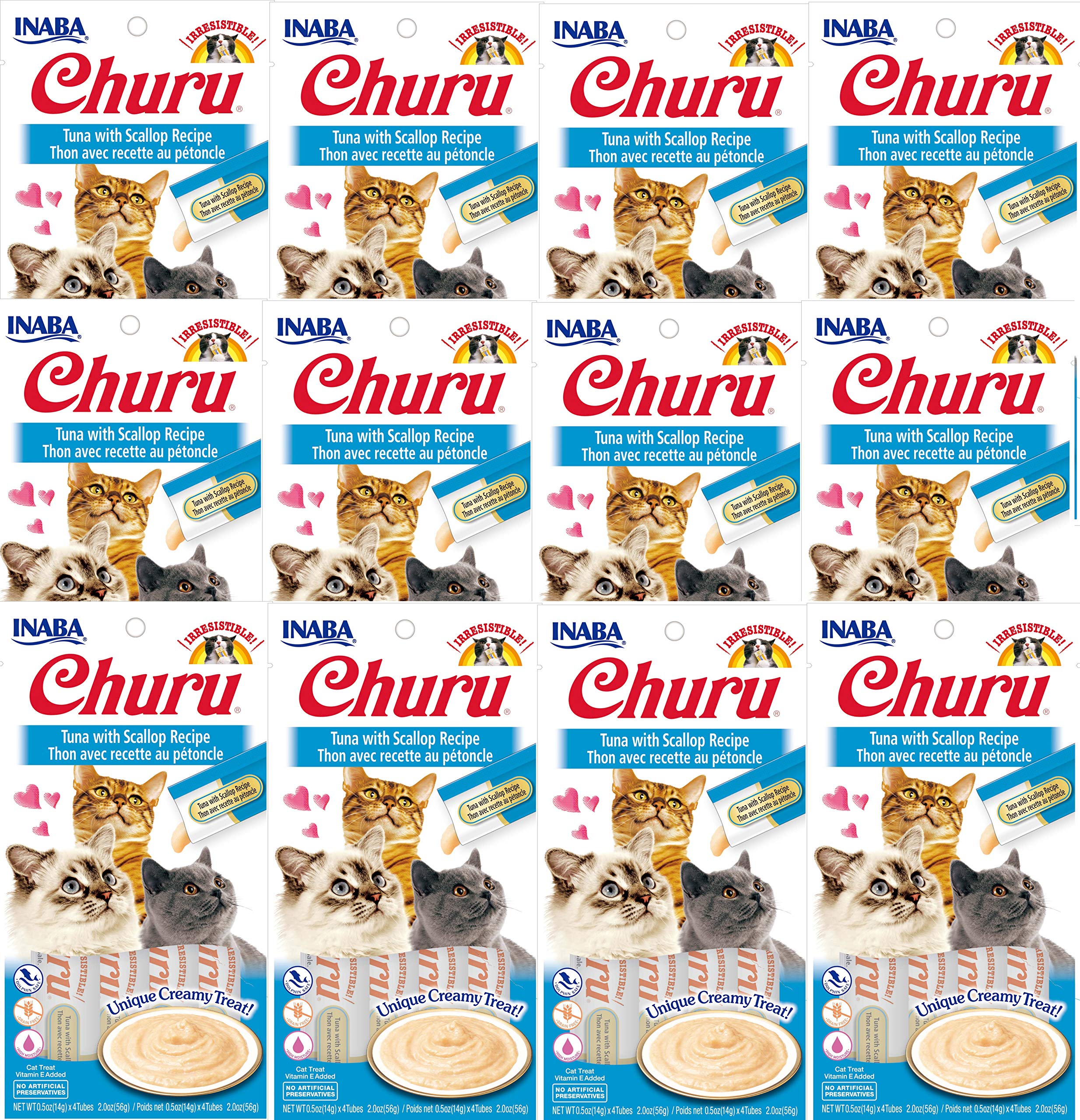 INABAChuru Cat Treats, Grain-Free, Lickable, Squeezable Creamy Purée Cat Treat/Topper with Vitamin E & Taurine, 0.5 Ounces Each Tube, 48 Tubes (4 per Pack), Tuna with Scallop Recipe