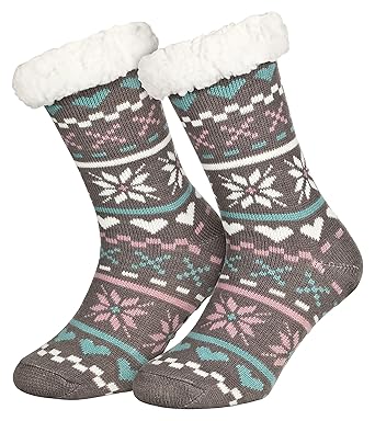 Piarini 1 Paar Kuschelsocken mit ABS Sohle | warme Damen Socken | Wintersocken mit Anti Rutsch Noppen | Schwarz, Rot, Grau, R