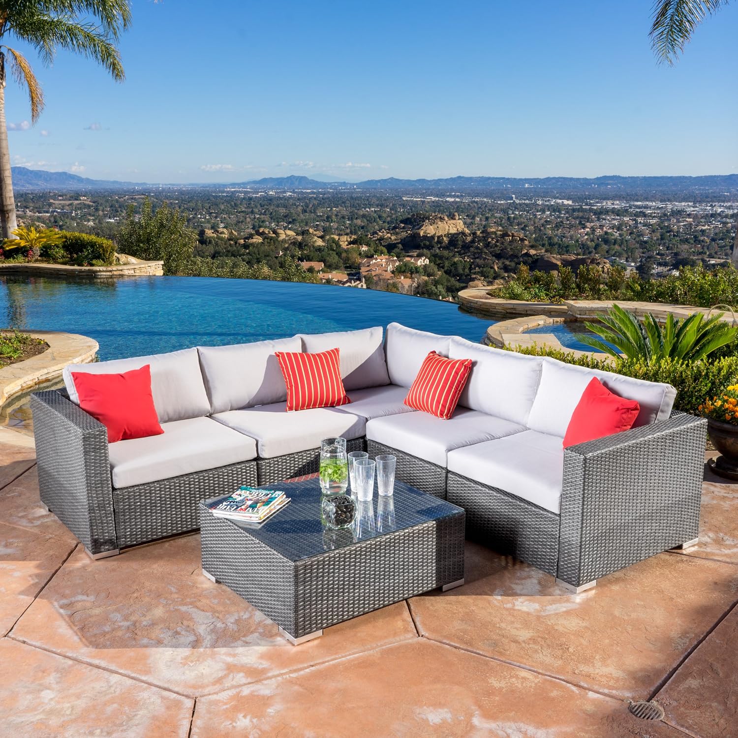 Amazon Com Great Deal Furniture Francisco Outdoor 6 Piece Grey Wicker Seating Sectional Sofa Set With Cushions Garden Outdoor