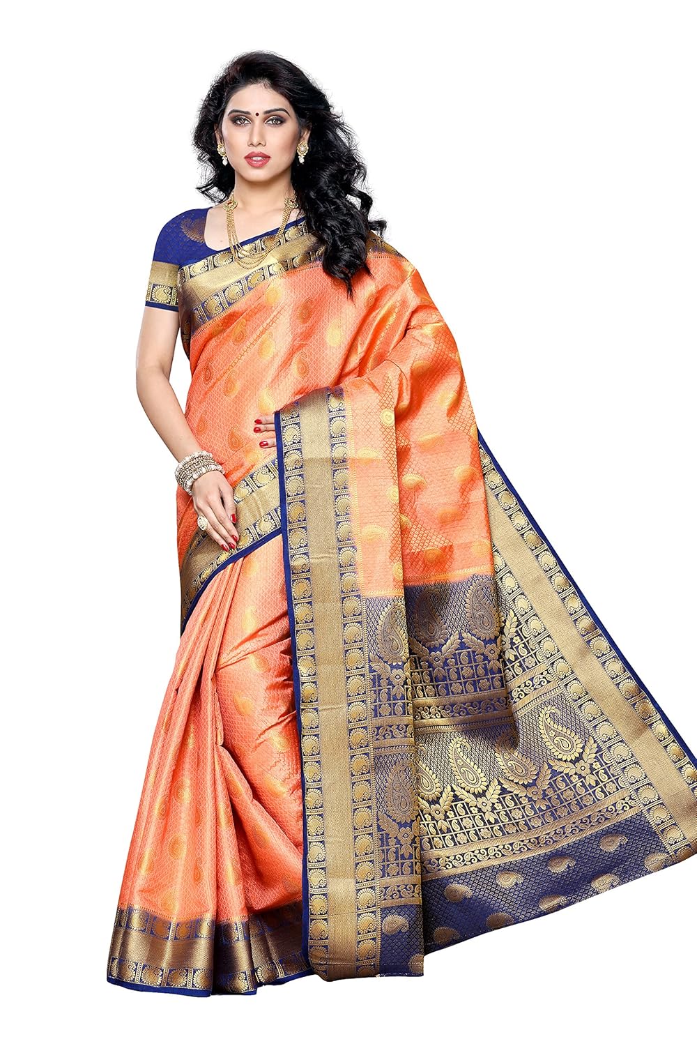 mimosa women's silk saree (225-pch-nvy,peach,free size)