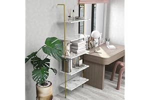 Cavoba 5-Tier Ladder Shelf White Marble Bookshelf with Wood Rack and Metal Frame, Modern Industrial Open Tall Wall Mount Bookcase, Plant Stand Furniture Office Kitchen Bedroom