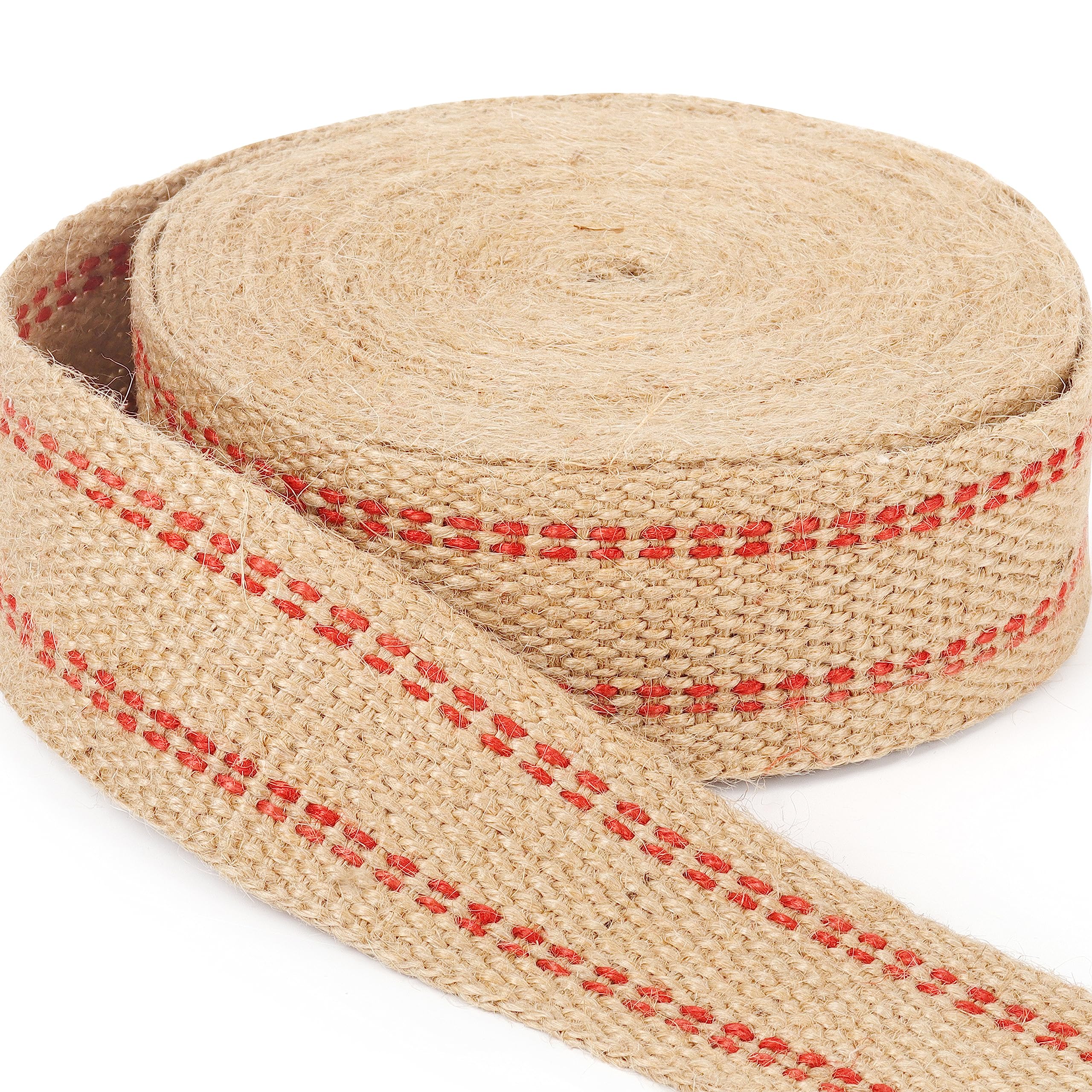 ZAIONE 10 Metres Width 2" Roll Natural Burlap Red Line Jute Webbing Ribbon Craft Upholstery Tape for Outdoor DIY Gear Repair (Red Stripes)