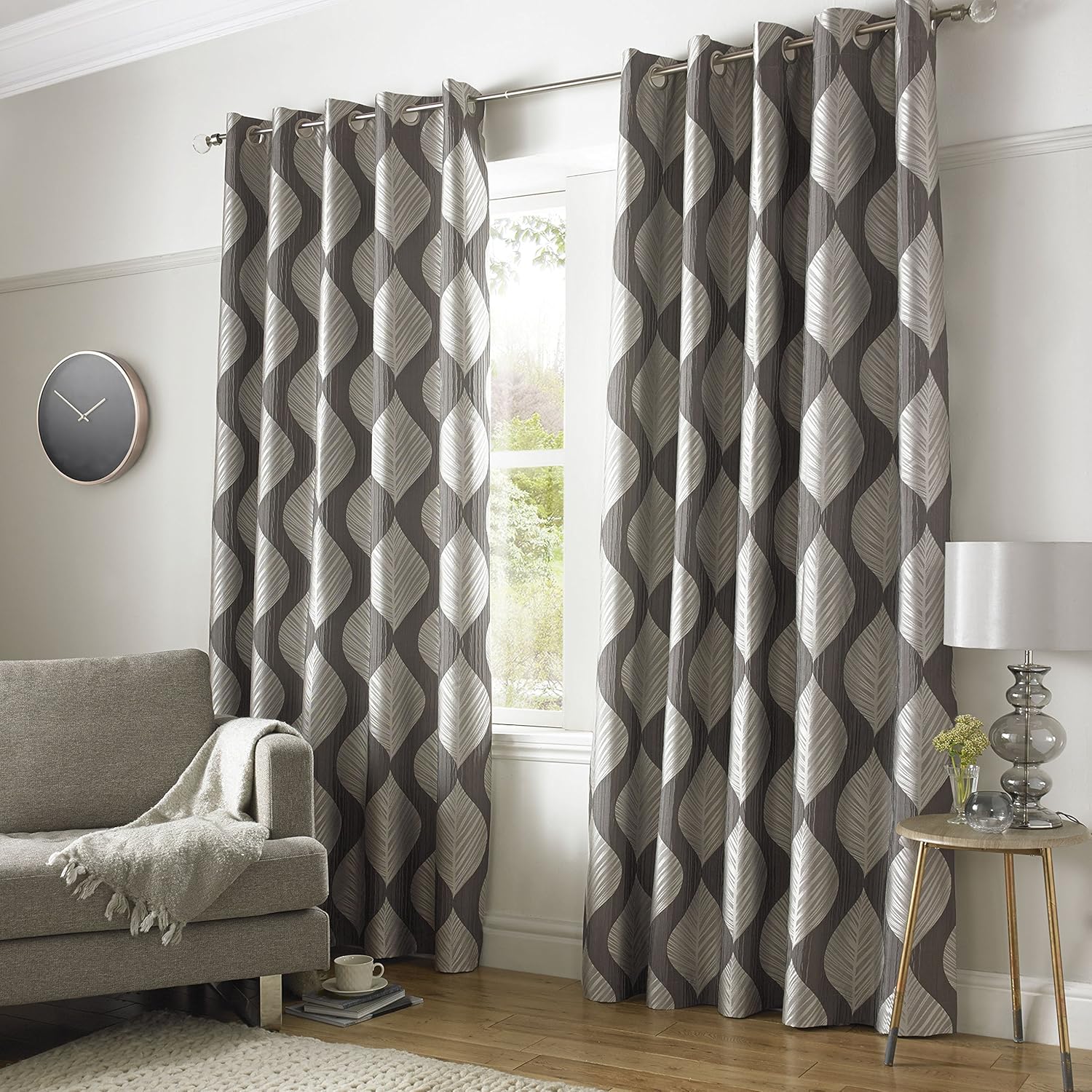 Simone Luxury plain printed fully lined curtains silver grey eyelet