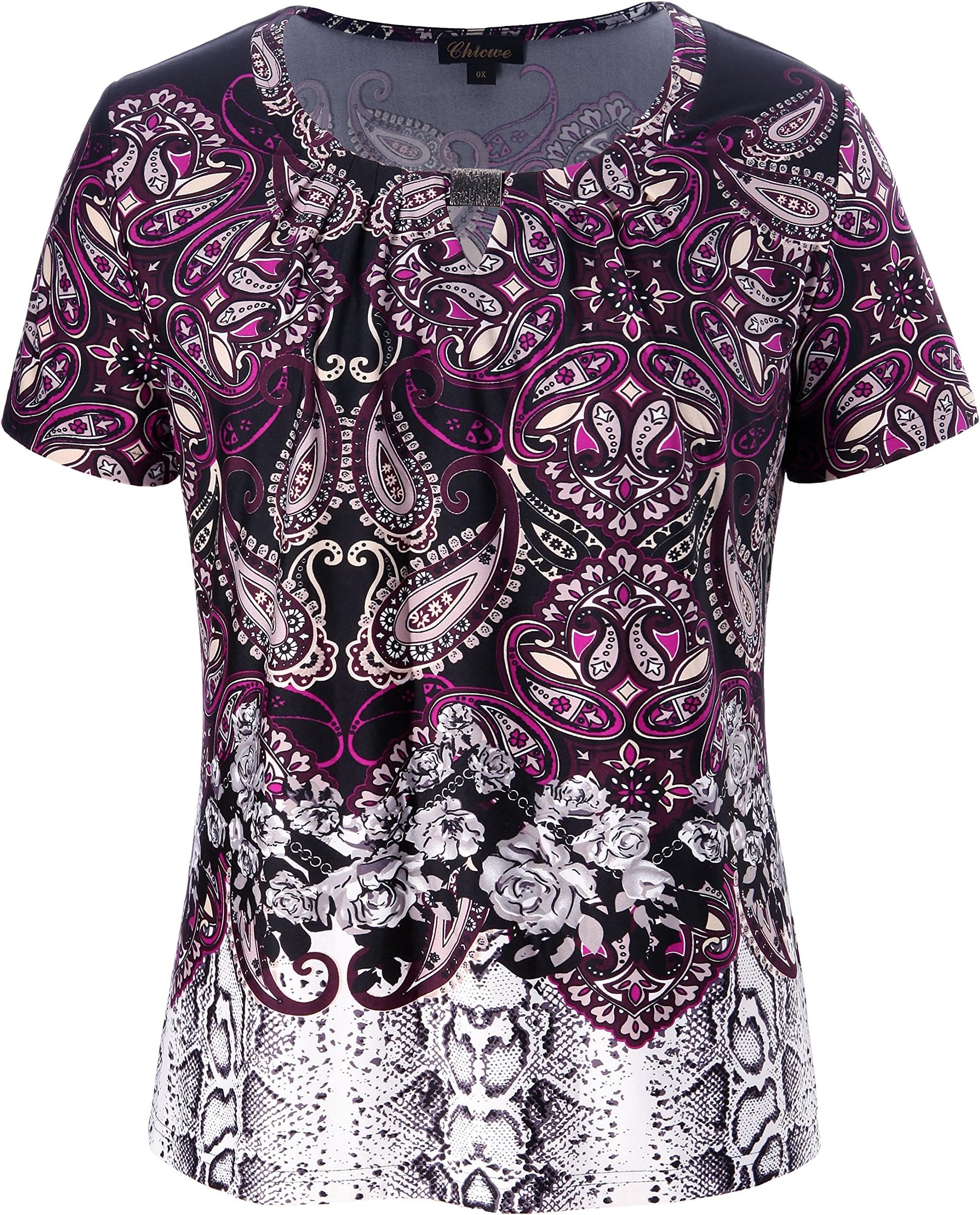 Chicwe Women's Plus Size Designed Neck Mixed Floral Printed Top - Casual and Work Blouse