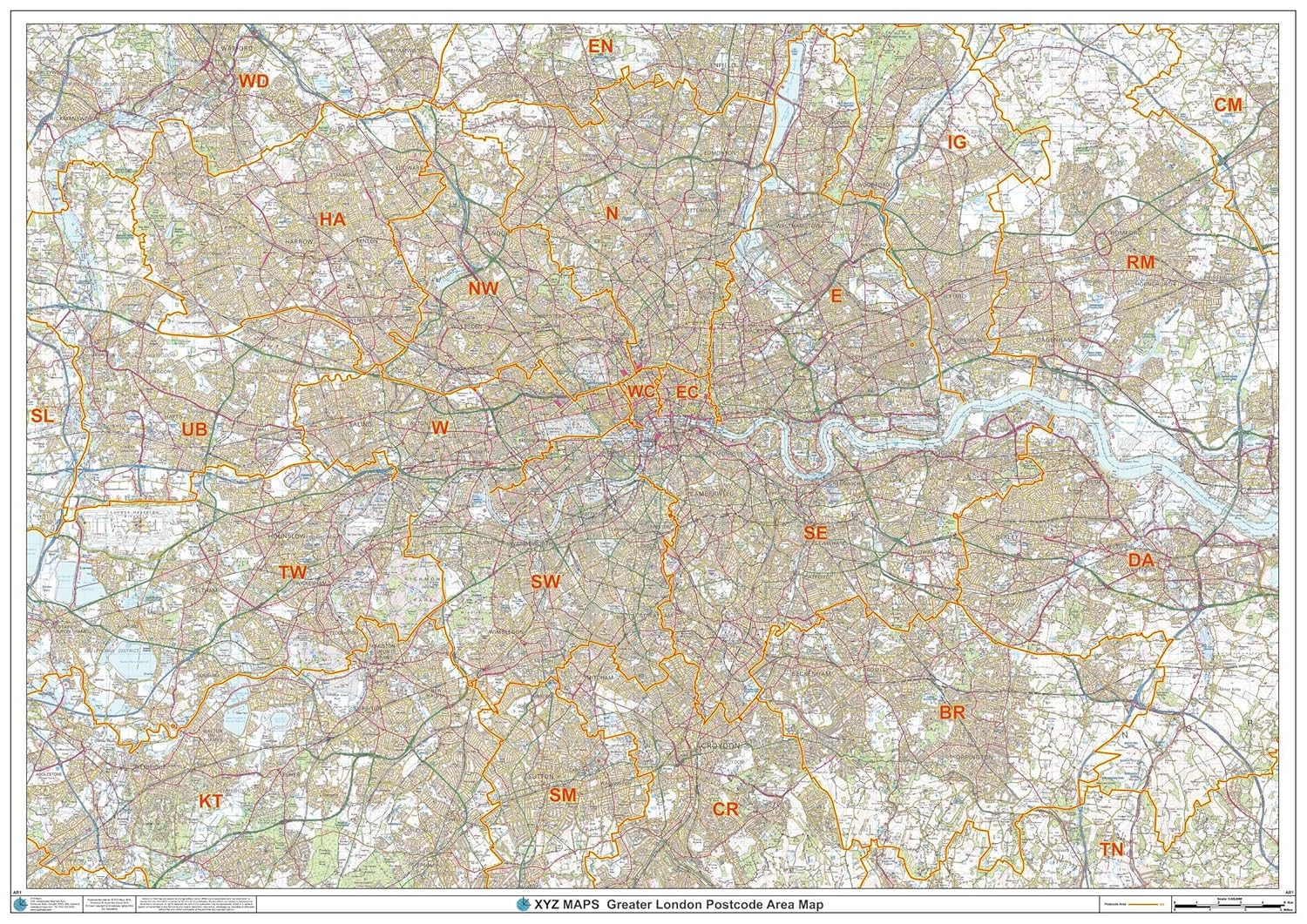 Greater London Postcode Area Wall Map 47" x 33.25" Laminated Amazon