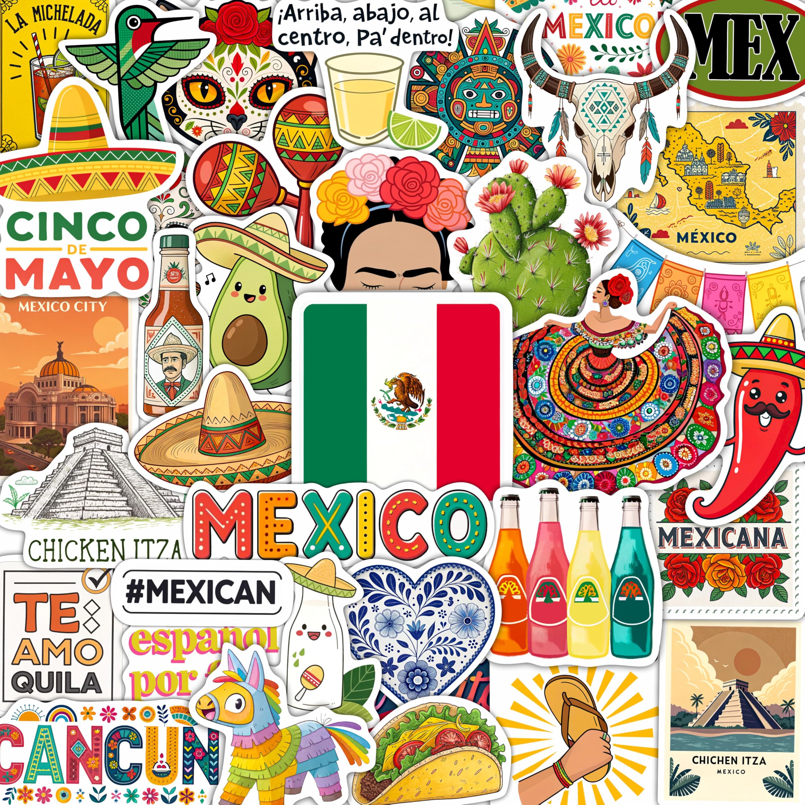 Photo 1 of 100Pcs Mexico Stickers for Scrapbooking, for Luggage, for Water Bottle - Mexican Stickers and Decals - Mexico Party Supplies & Decorations - Mexican Gifts for Women & Men
