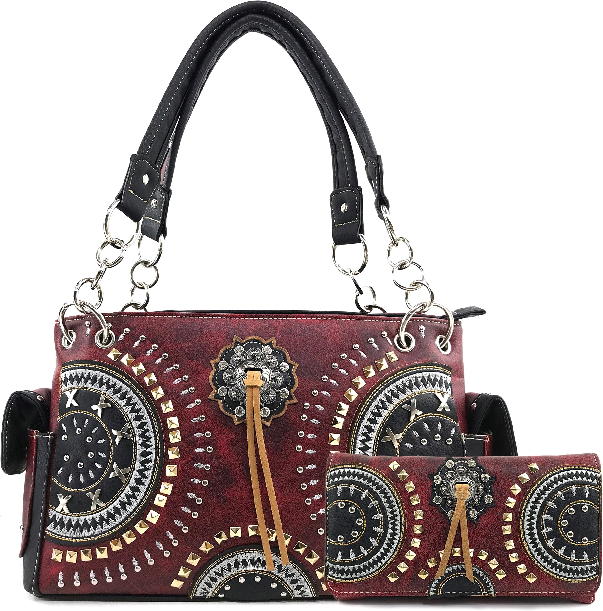Justin West Native American Circle Mountain Gold Studs Embroidered Studded CCW Concealed Carry Shoulder Purse Handbag
