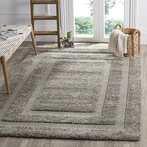 Safavieh Florida Shag Collection SG454 Border 1.2-inch Thick Area Rug, 4' x 4' Square, Grey / Grey