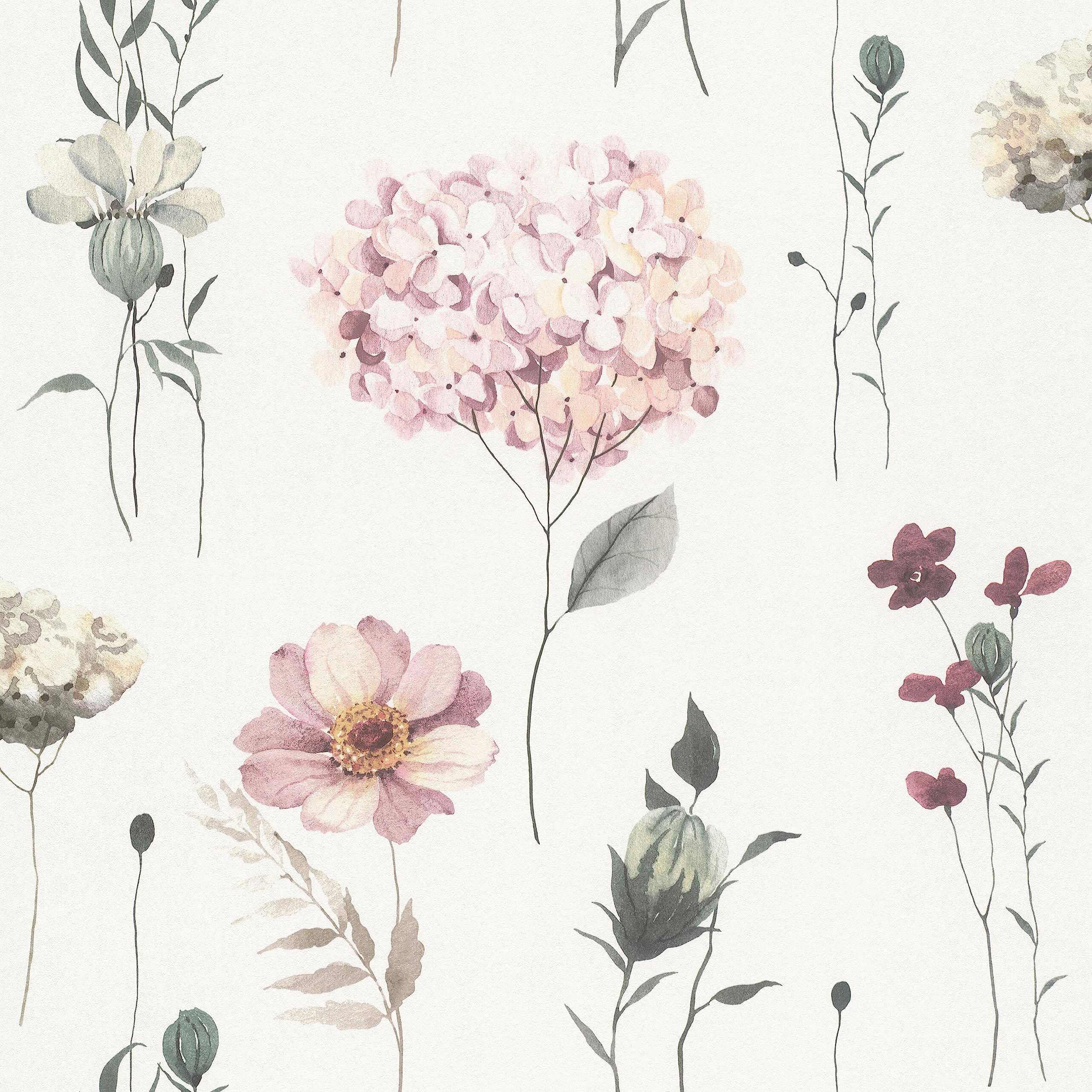 Rasch Wallpaper 300642 - White Non-Woven Wallpaper with Colourful Flowers and Flowers in Watercolour Look - 10.05 m x 0.53 m (L x W)
