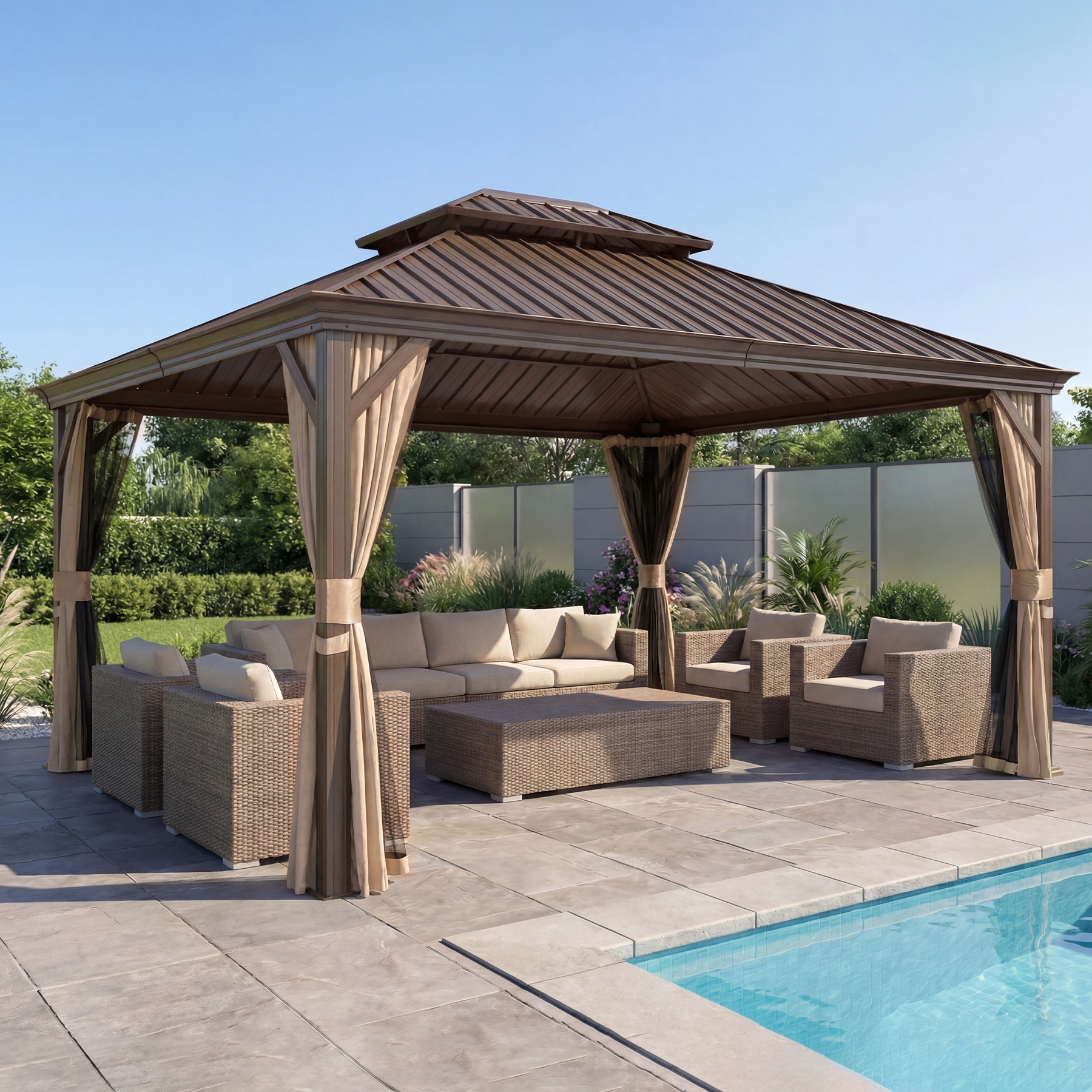Domi 12x14ft Hardtop Metal Gazebo, Alloy Steel Frame with Double Roof, Netting & Curtains image 25